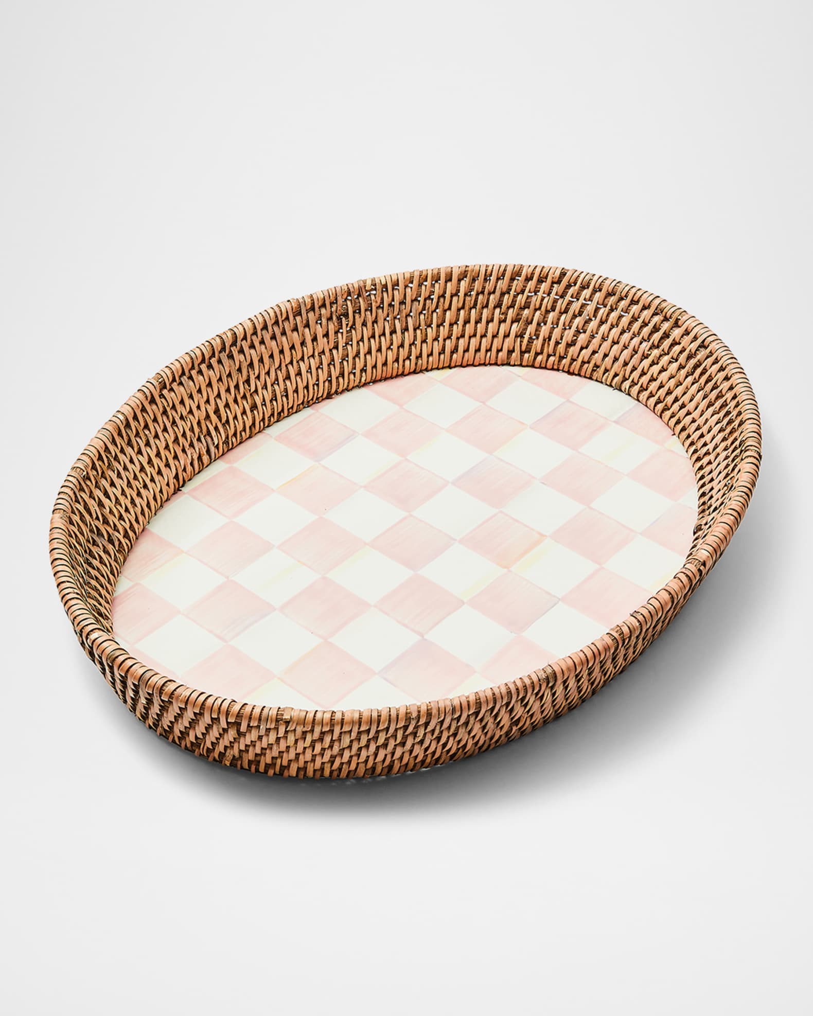 Rosy Check Large Enamel Rattan Serving Tray 0