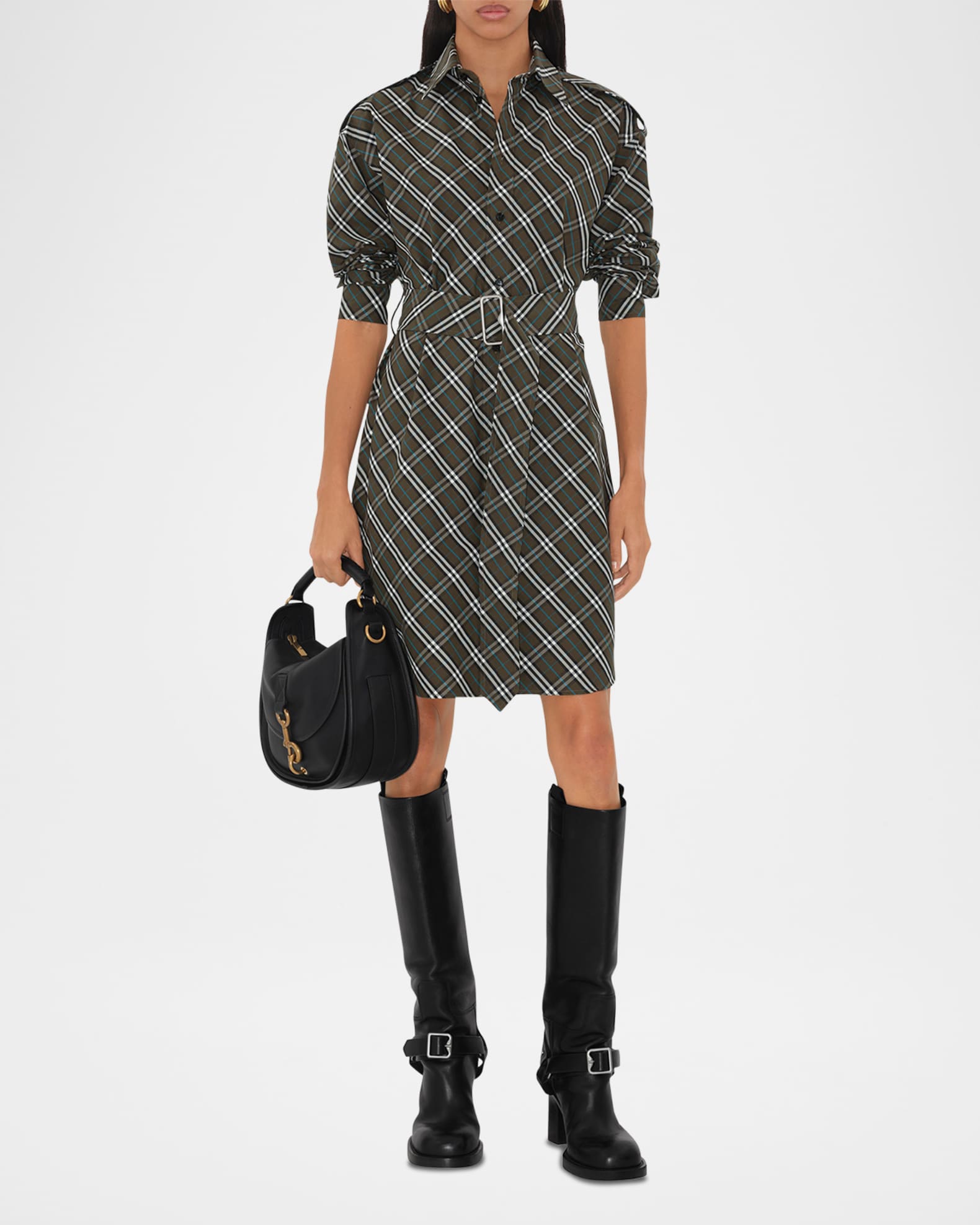 Check Long-Sleeve Belted Shirtdress 1