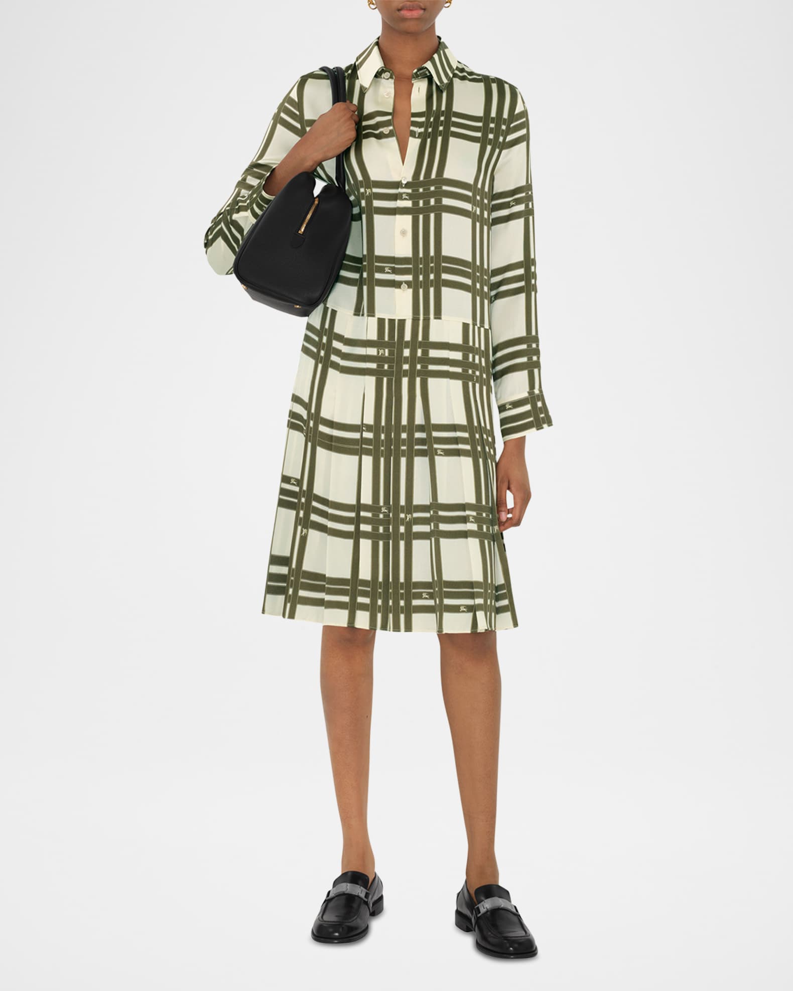 Check Silk Long-Sleeve Pleated Shirtdress 1