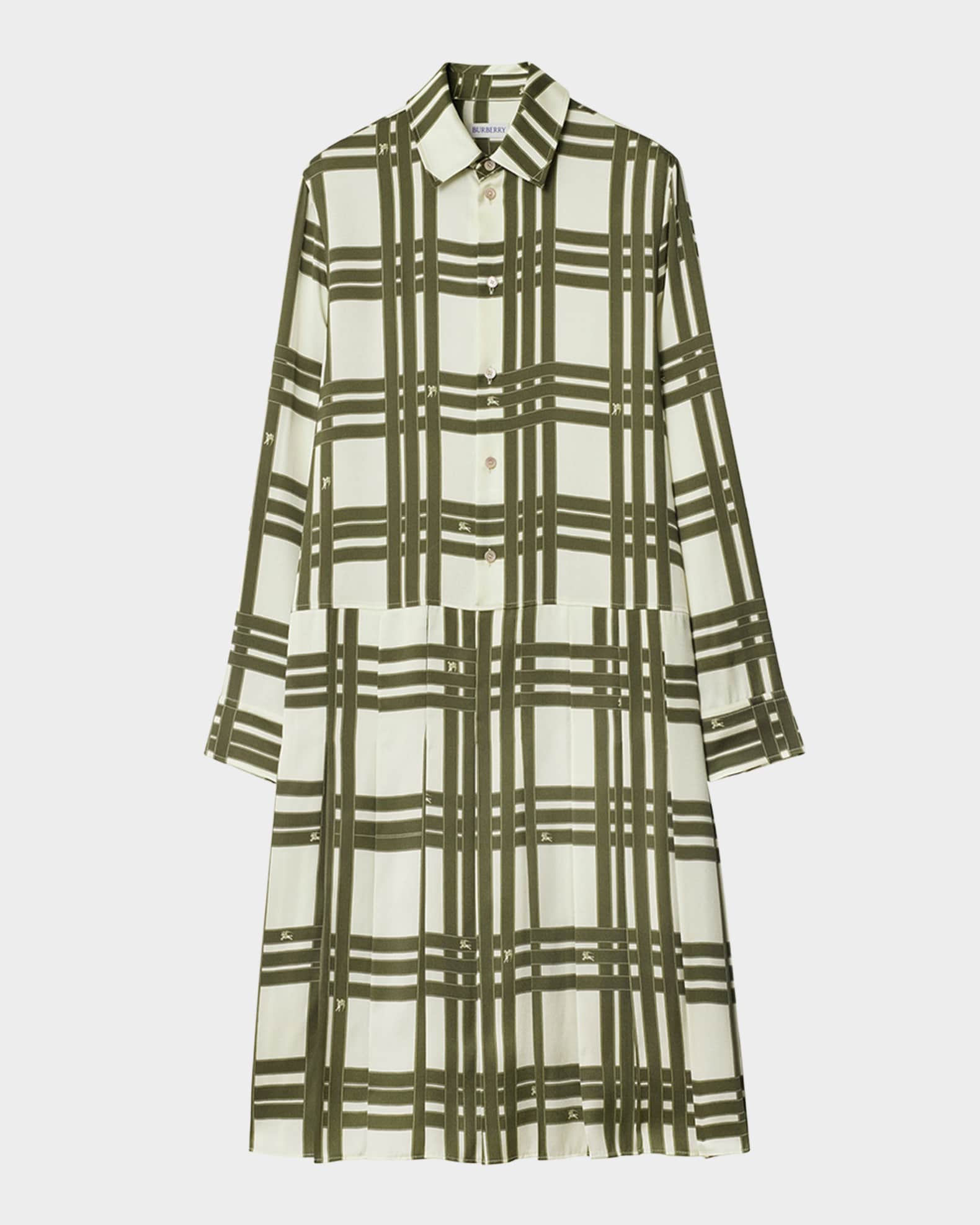 Check Silk Long-Sleeve Pleated Shirtdress 0