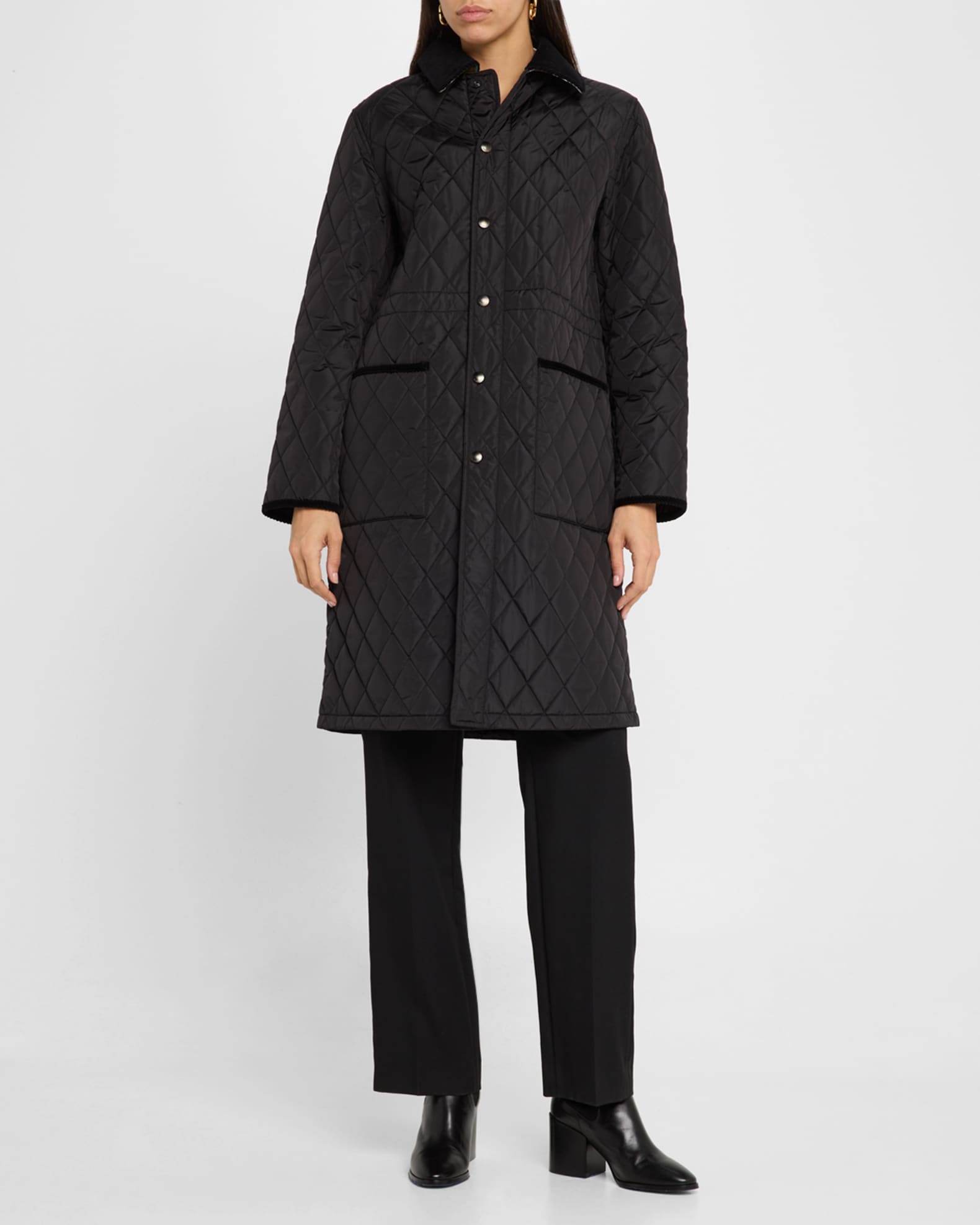 Corduroy-Collar Quilted Long Jacket 1