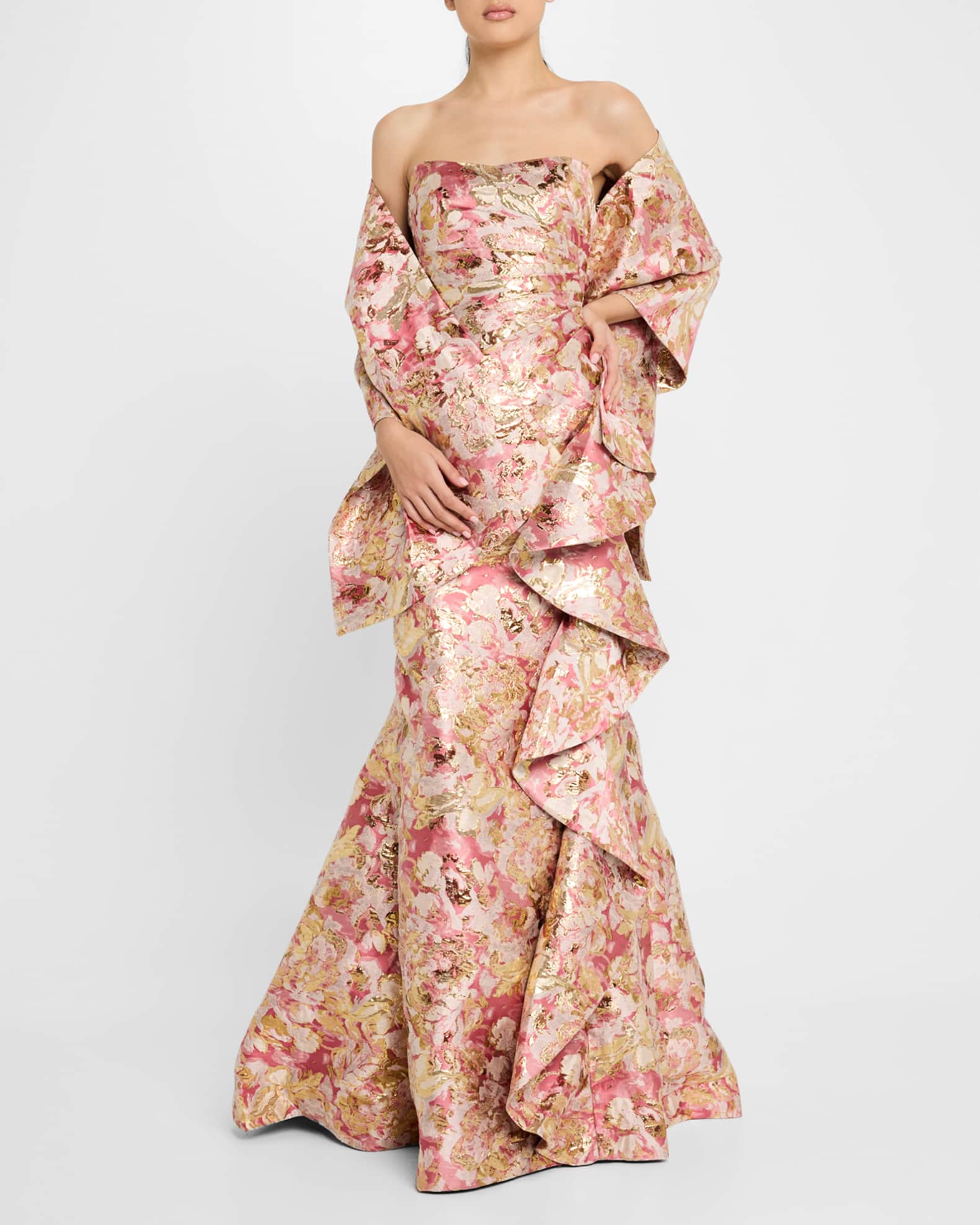 Strapless Brocade Trumpet Dress with Shawl 1