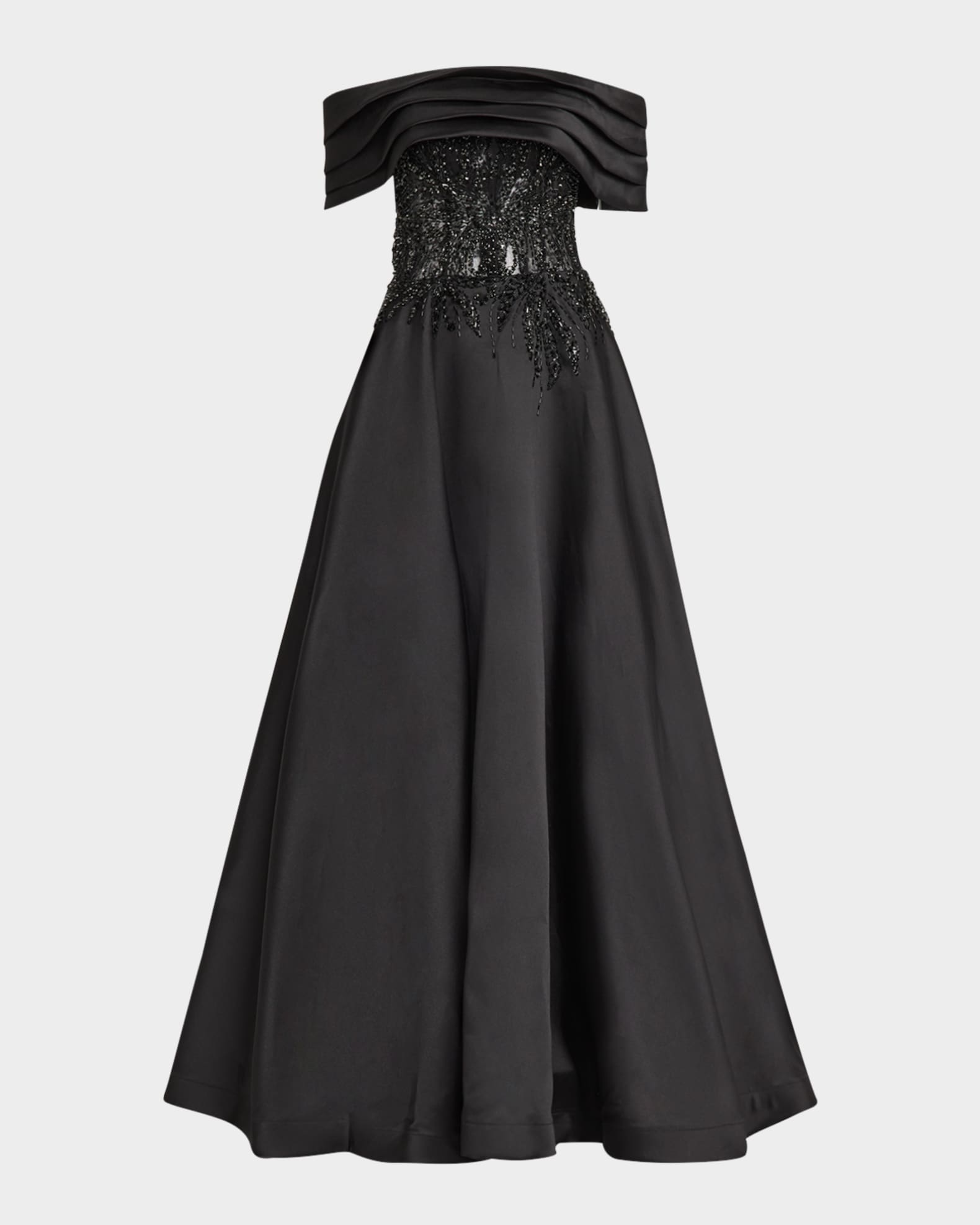 Pleated Off Shoulder Lace Embellished Gown