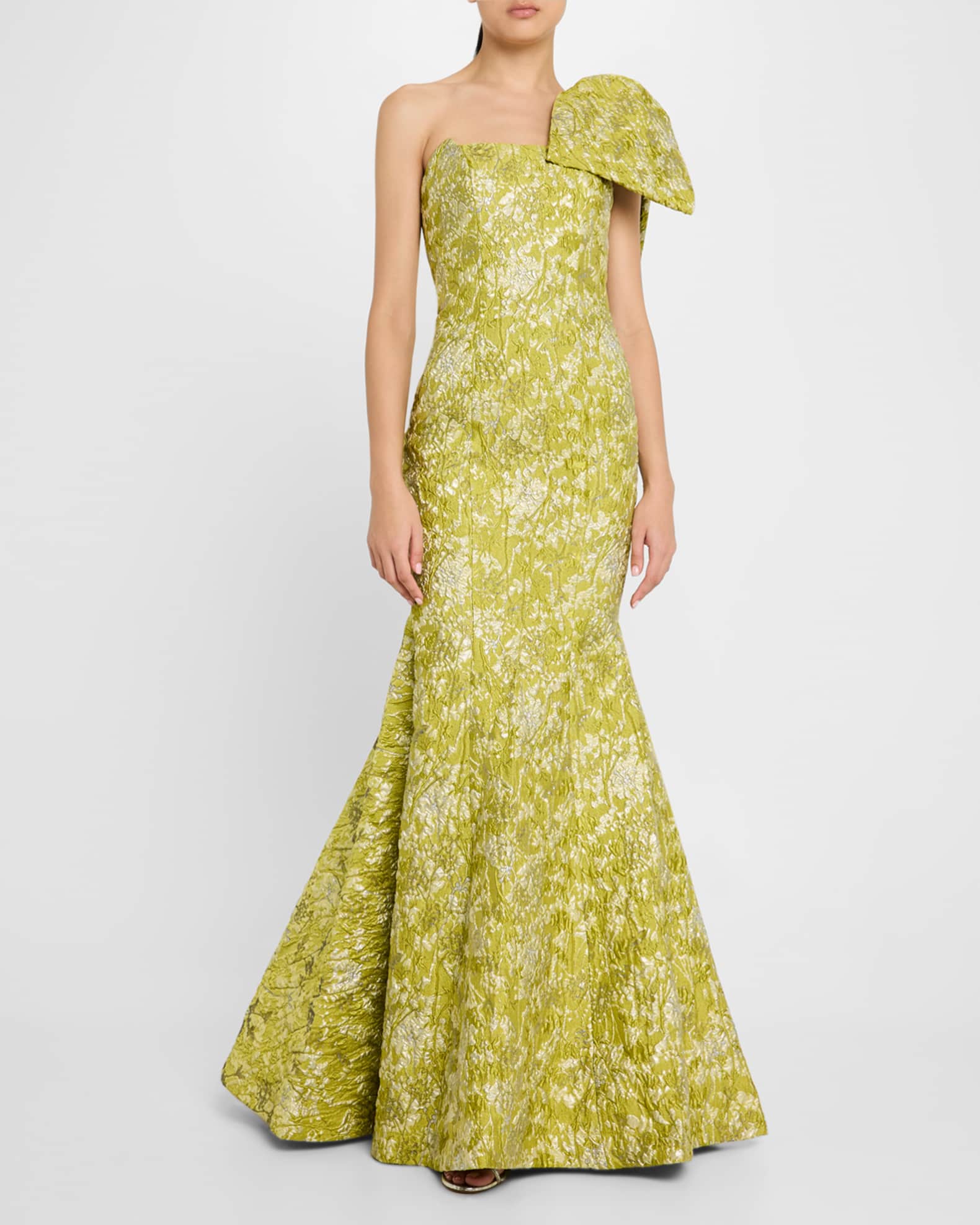 One-Shoulder Bow Brocade Mermaid Gown 1