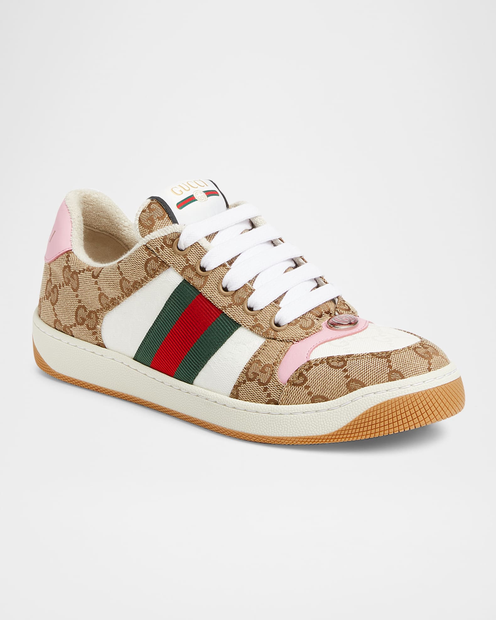 Gucci Screener GG Canvas and Leather Sneakers 9750 Beige Great White Pink VRV