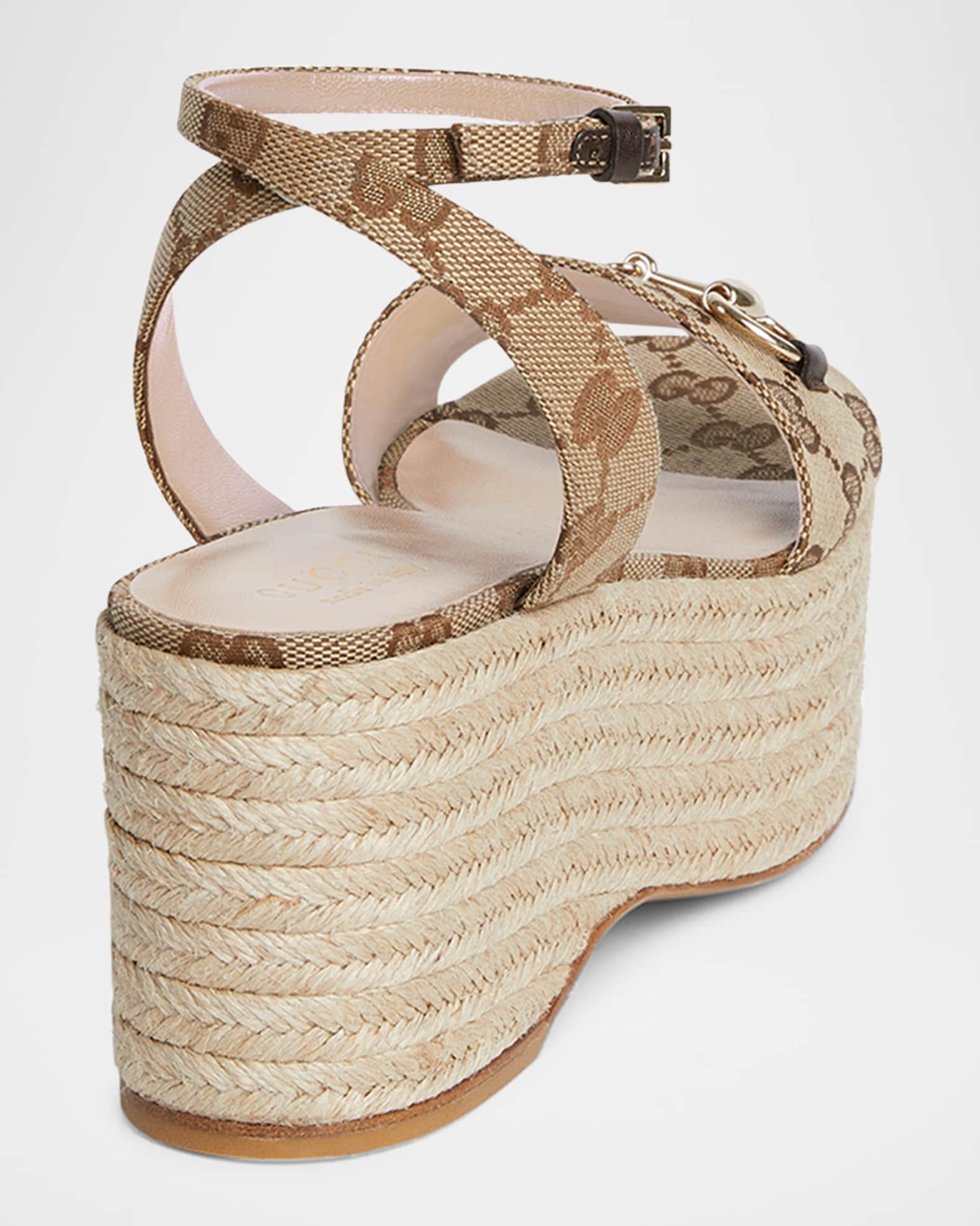 ■GUCCI■Lady Horsebit GG キャンバス エスパドリーユ ウェッジ Gucci Lady Horsebit 75MM GG Canvas Wedge Sandals | Saks