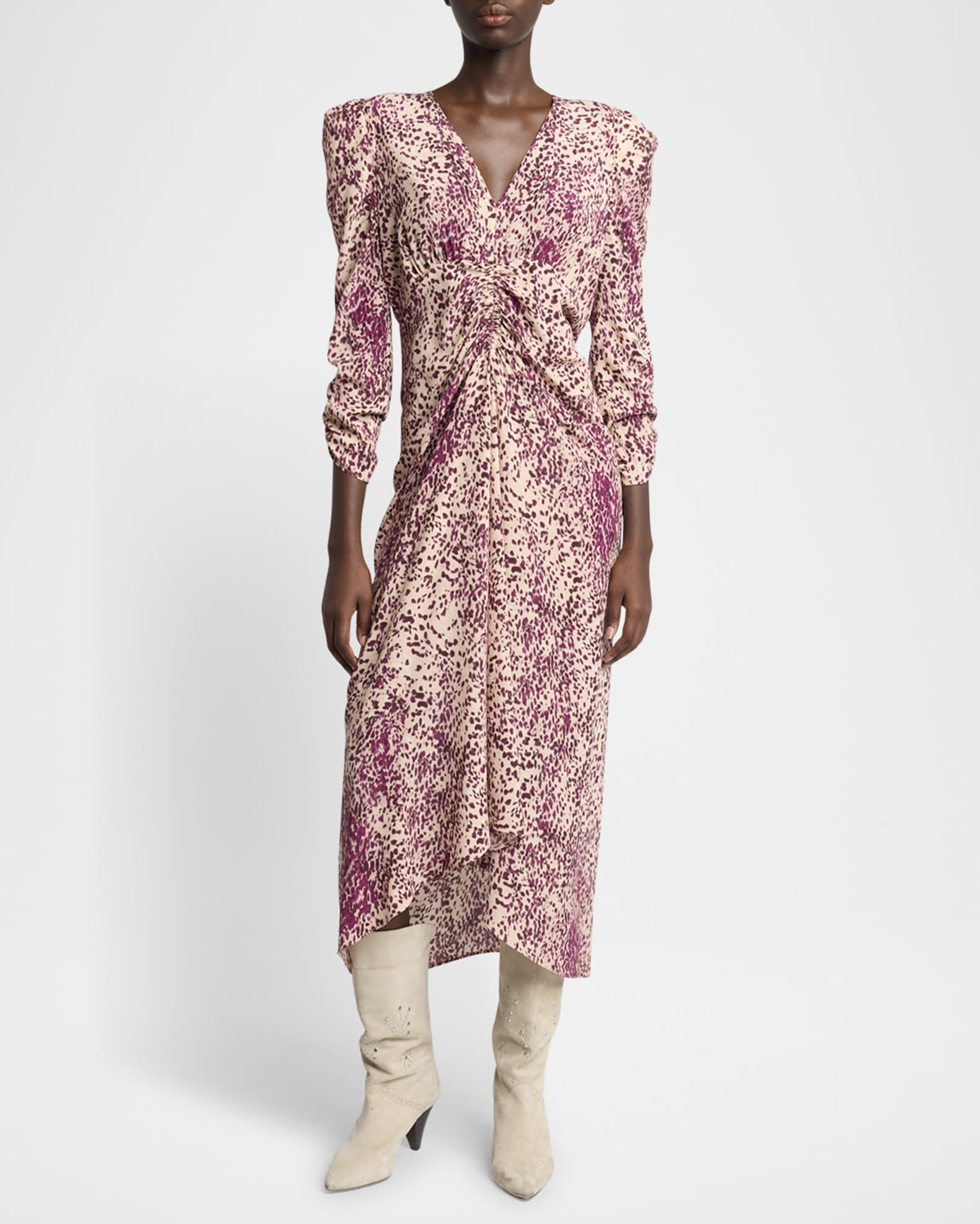 Albini Spotted-Print Ruched 3/4-Sleeve Midi Dress 1