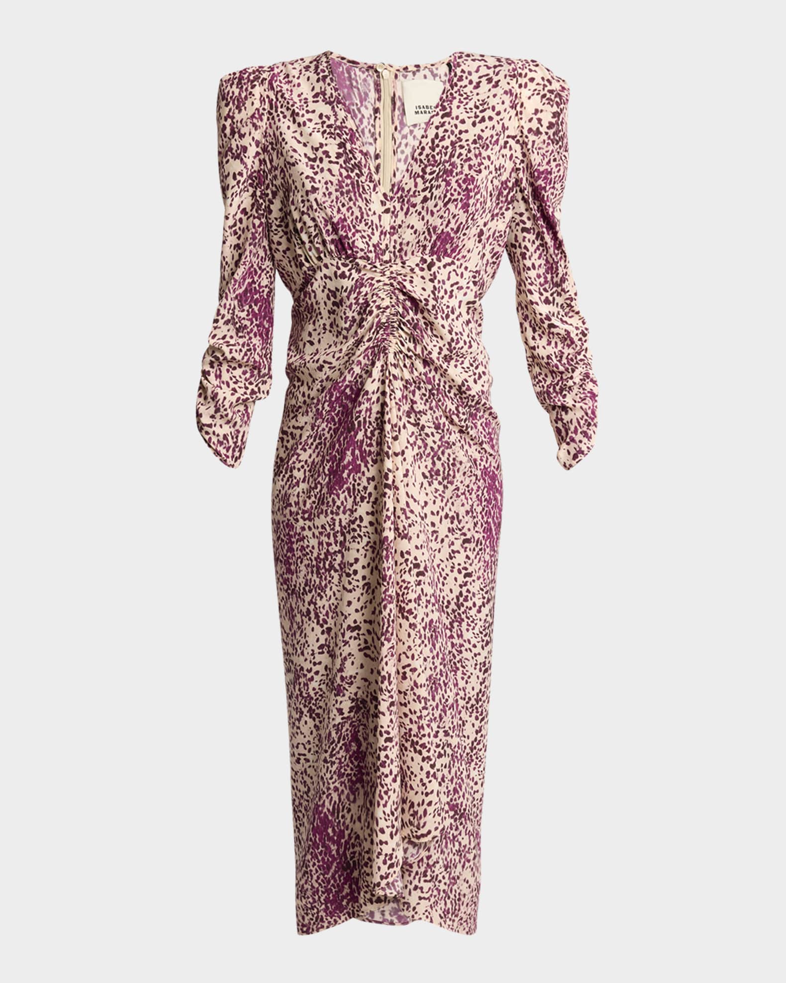 Albini Spotted-Print Ruched 3/4-Sleeve Midi Dress 0