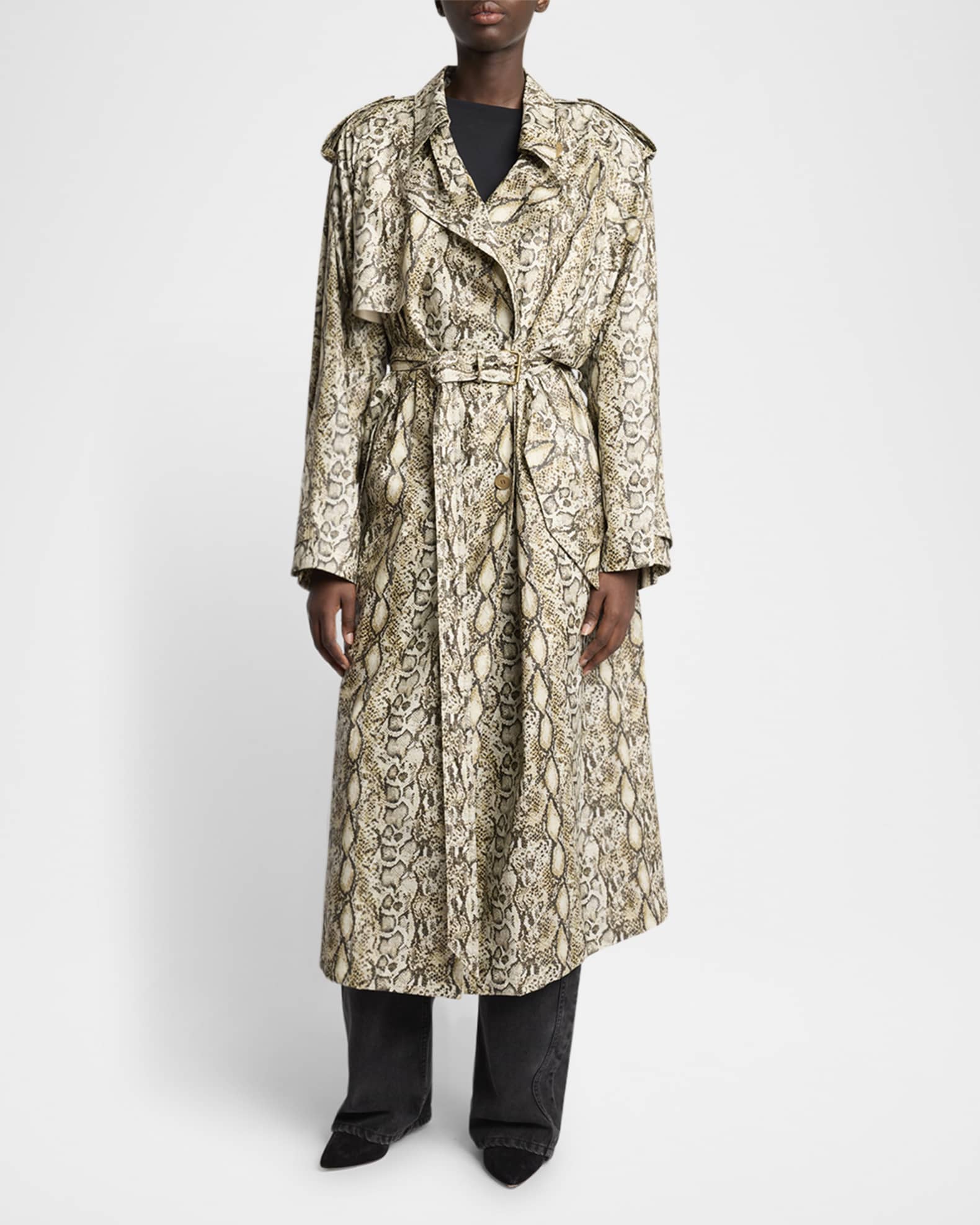 Freanne Snakeskin-Print Linen Belted Trench Coat 1