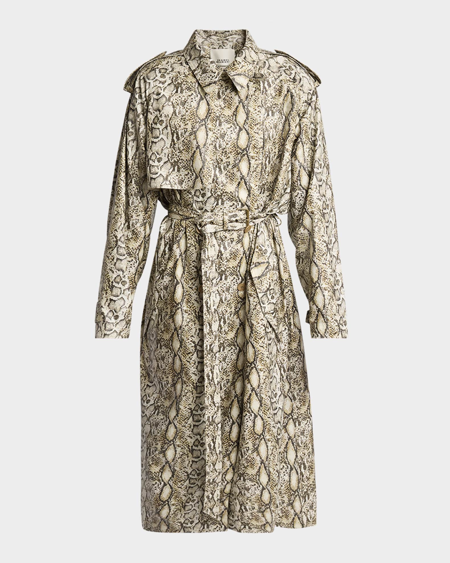 Freanne Snakeskin-Print Linen Belted Trench Coat 0