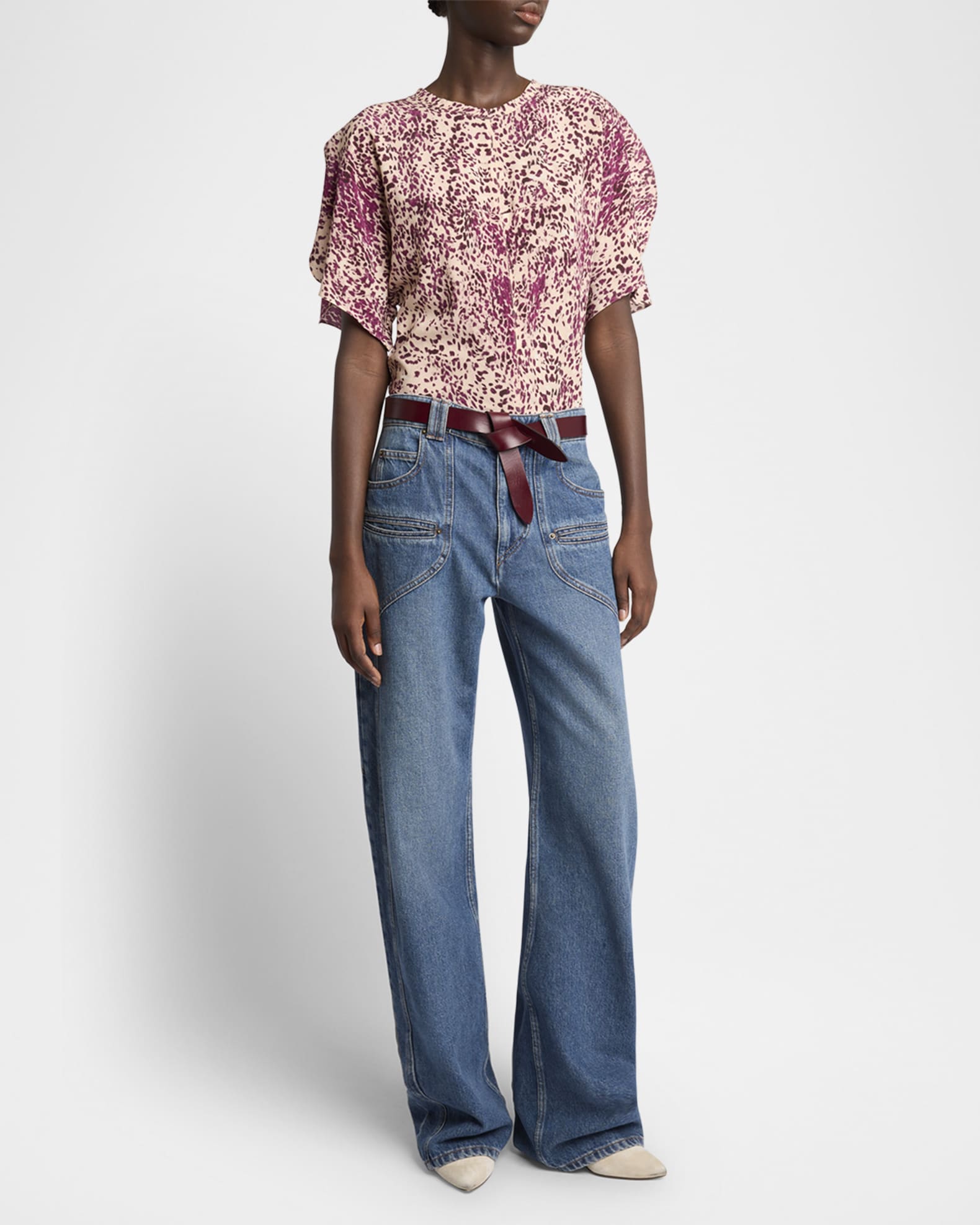 Karlita Spotted-Print Silk Short-Sleeve Blouse 1