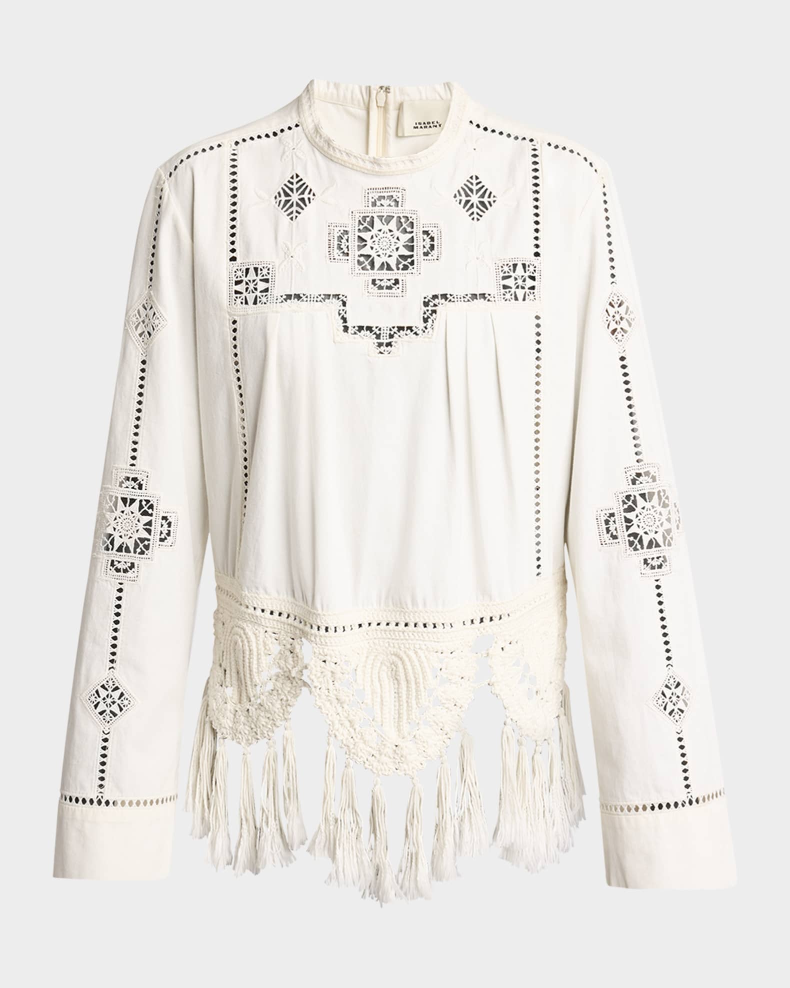 Severine Crochet Fringe-Hem Long-Sleeve Blouse 0