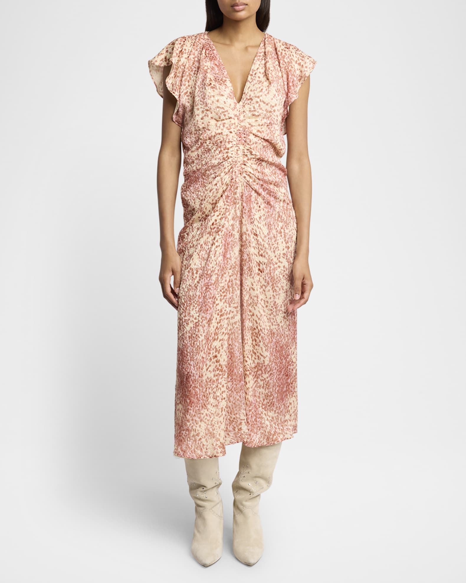 Lyndsay Spotted Velvet Burnout Flutter-Sleeve Midi Dress 1