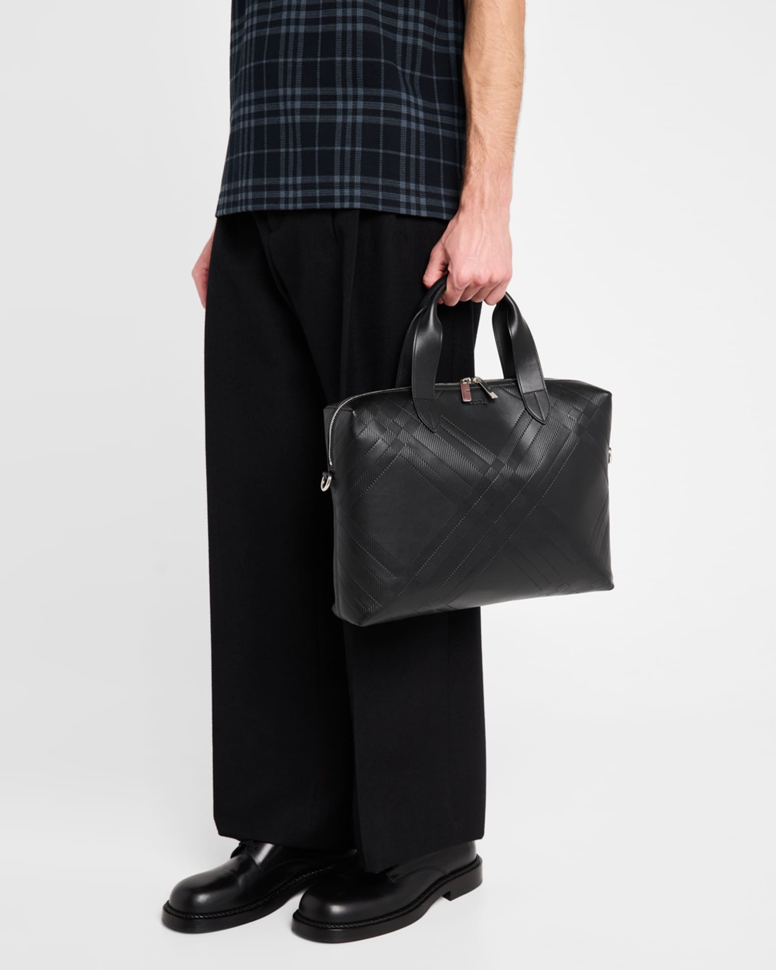 Men's Check Embossed Leather Briefcase 1