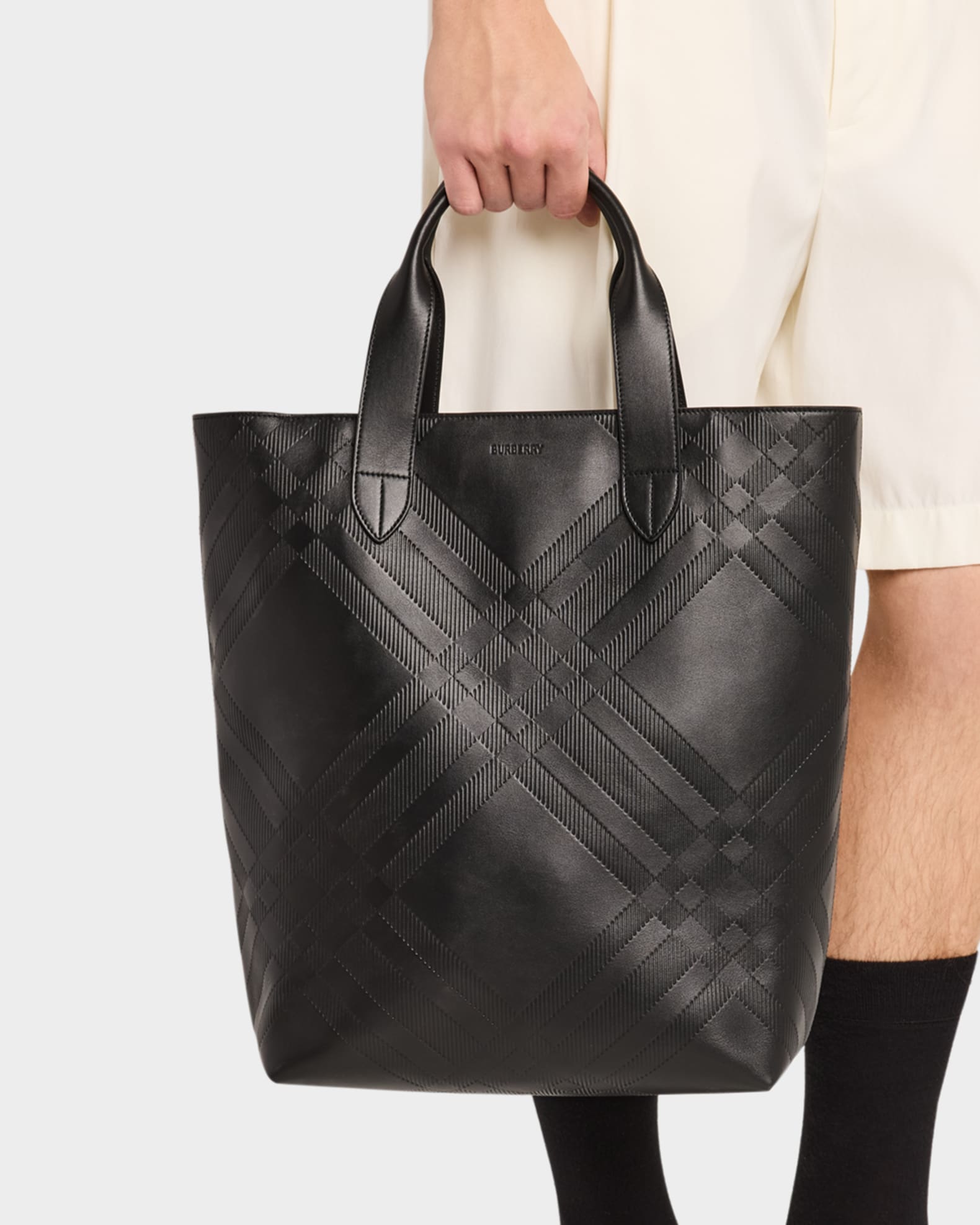 Men's Embossed Check Leather Tote Bag 1