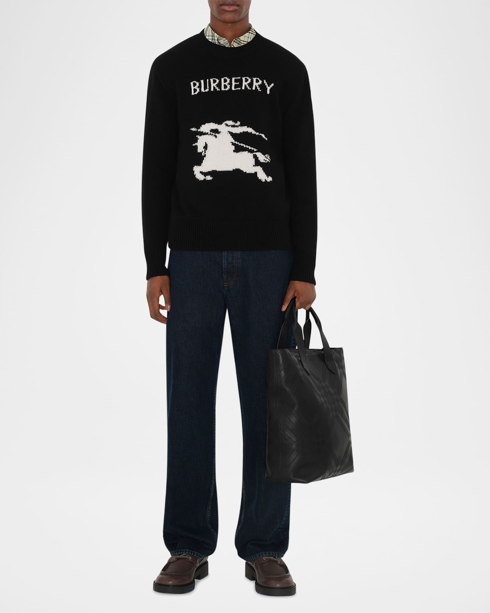 トートバッグ BURBERRY Black Leather Shopping Bag Burberry Men's Embossed Check Leather Tote Bag | Neiman Marcus