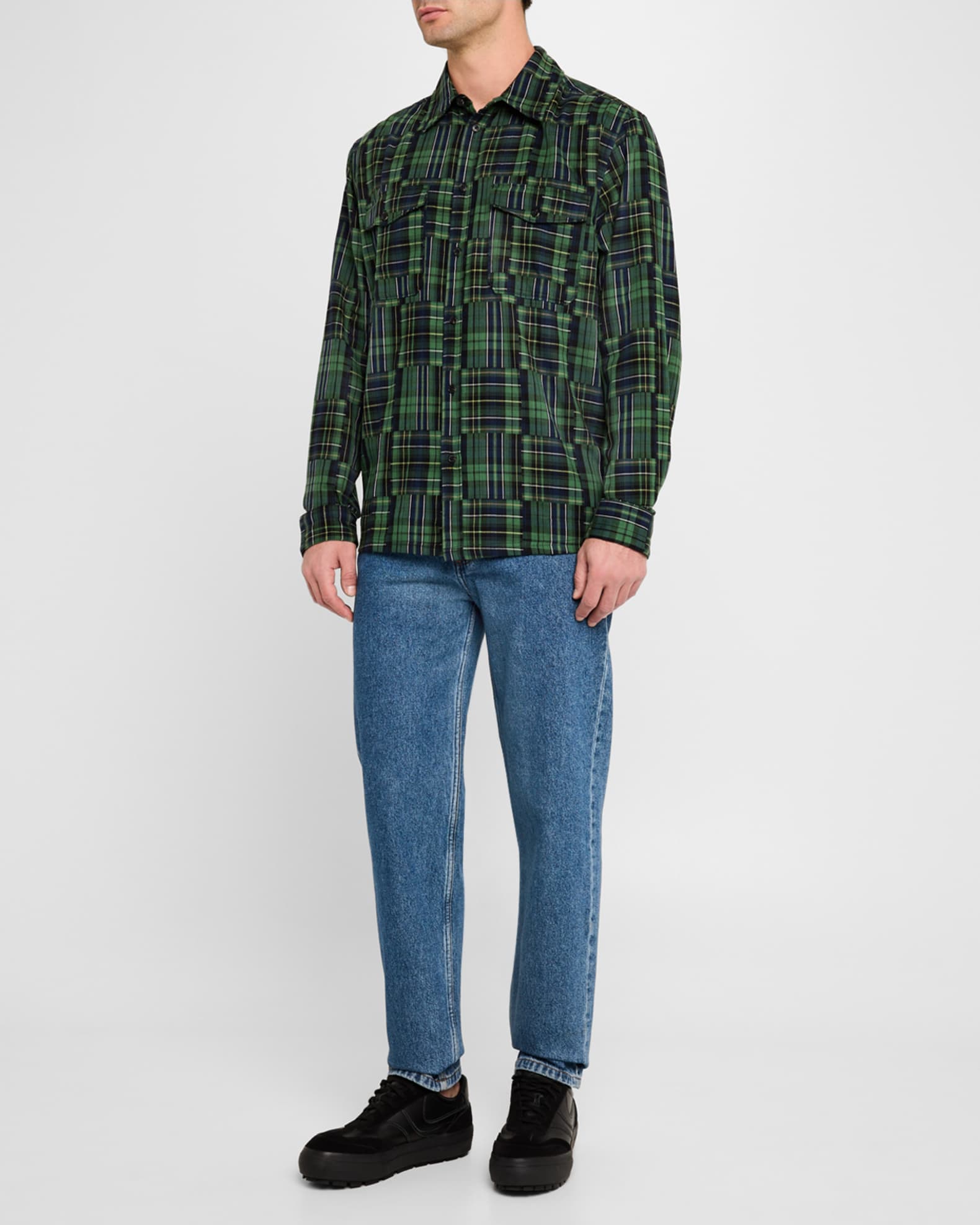 Men's Patchwork Plaid Button-Down Shirt 1