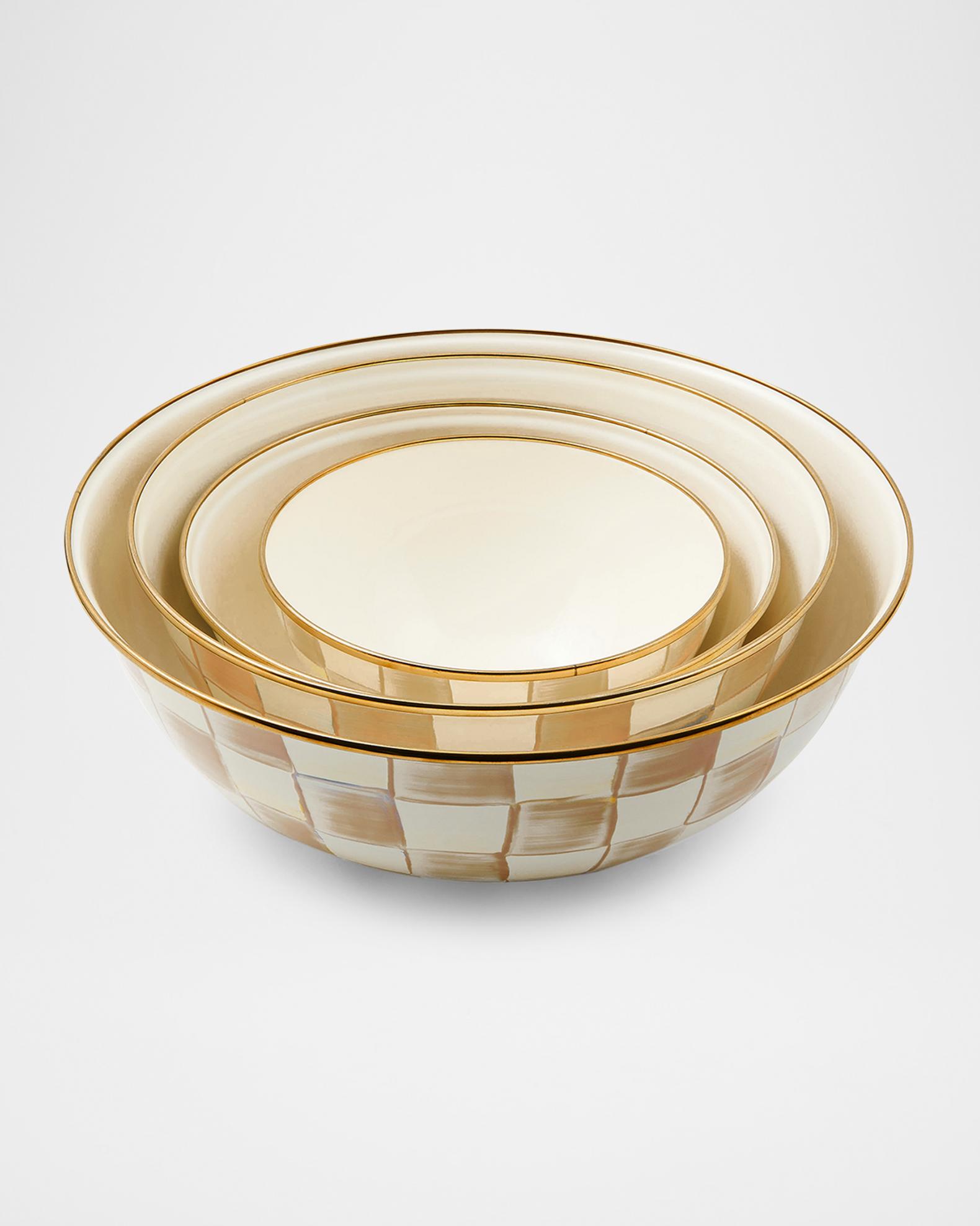 MacKenzie-Childs Mocha Check Enamel Everything Bowl – 208 Oz, Hand-Painted Steel With Brass Handles – Serving & Decor