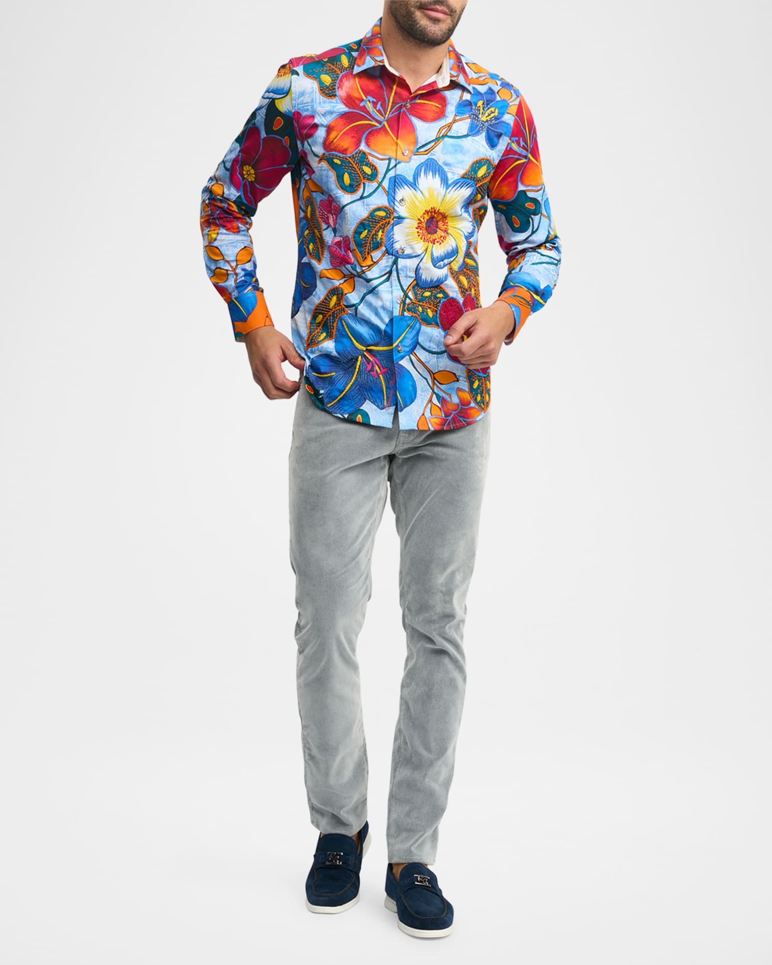 Men's Cotton Skull and Floral-Print Sport Shirt 1