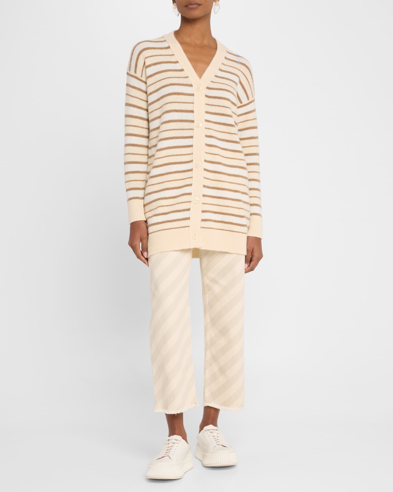 Striped V-Neck Wool-Cashmere Cardigan 1