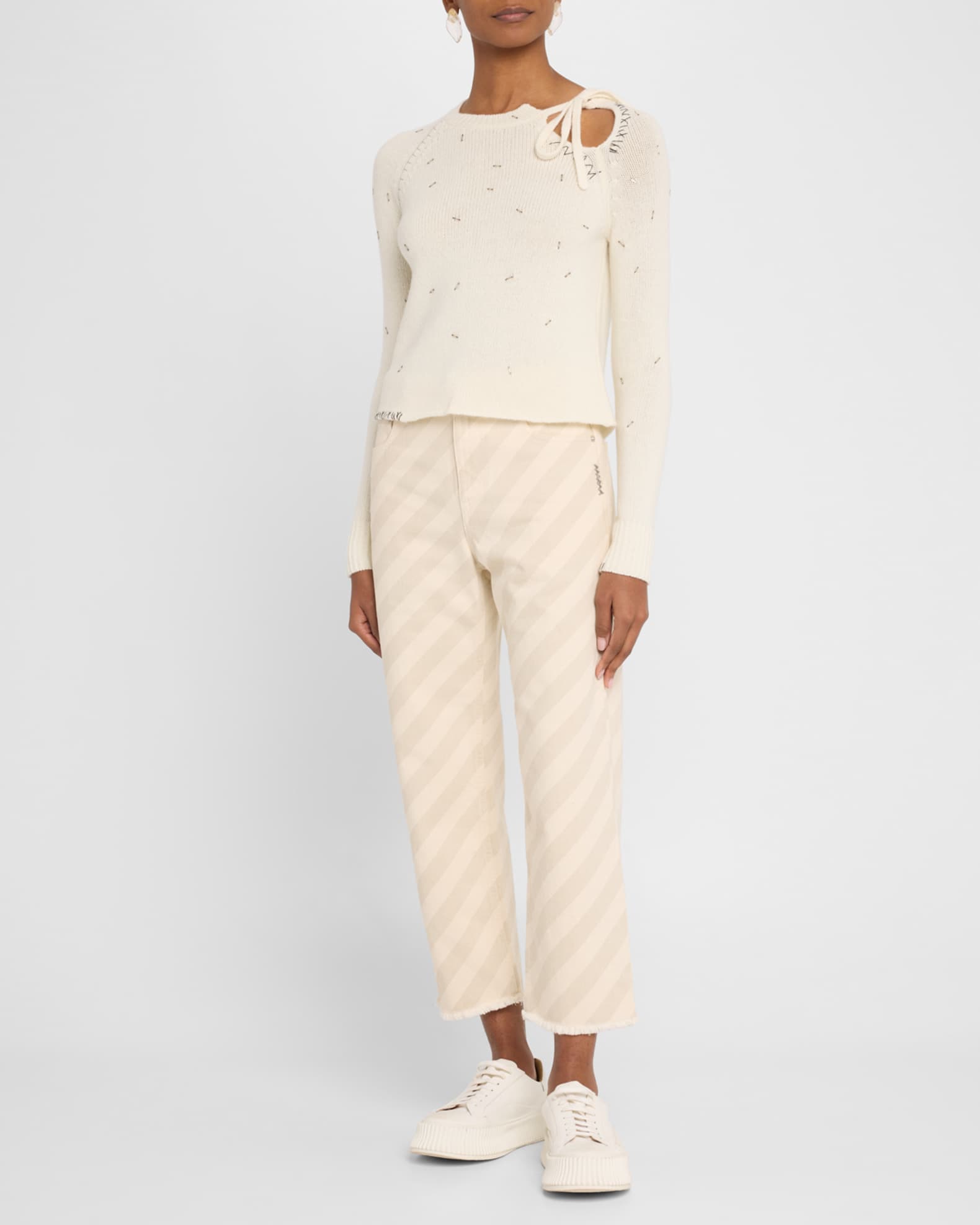 Beaded Tie Crewneck Cashmere Sweater 1