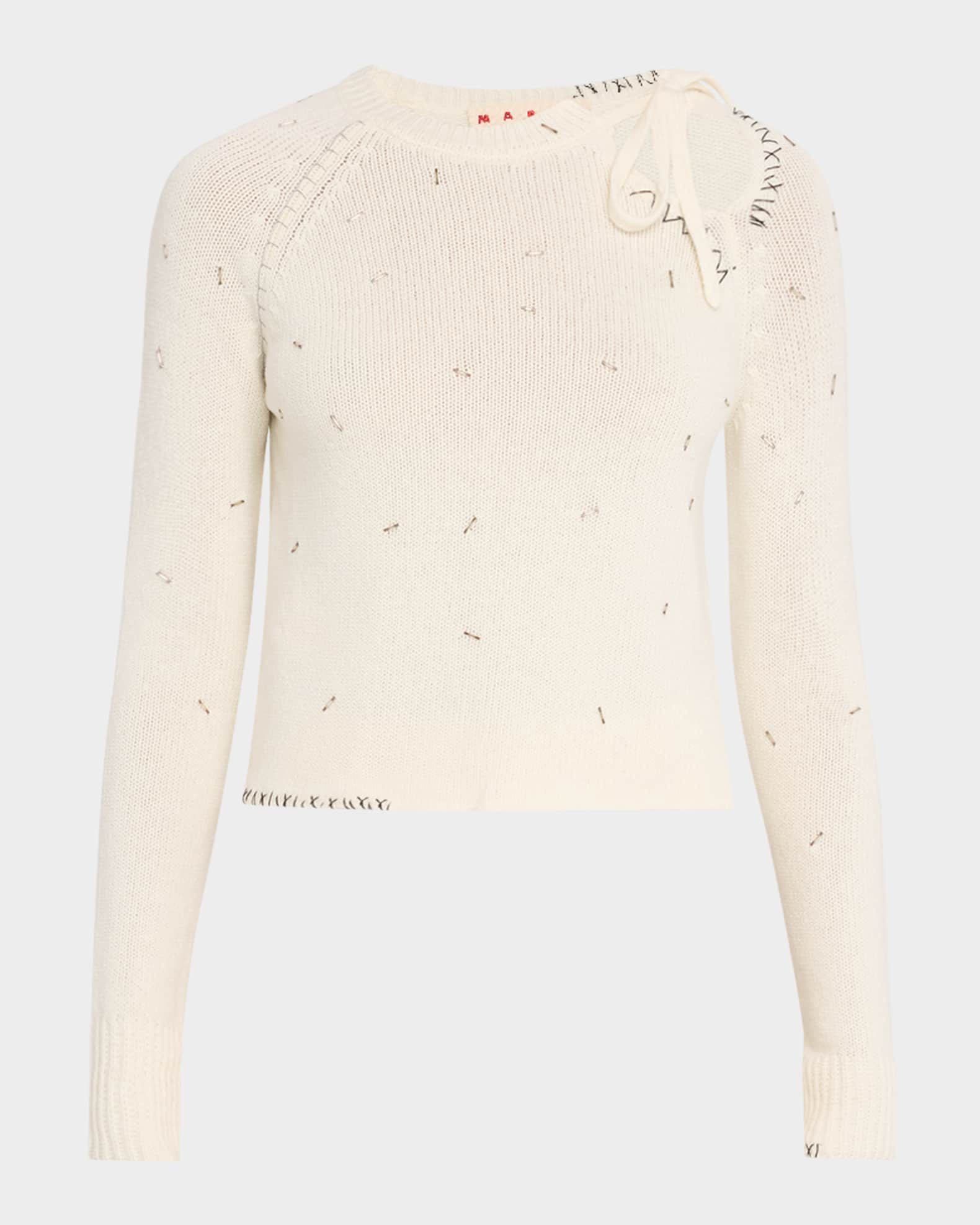 Beaded Tie Crewneck Cashmere Sweater 0