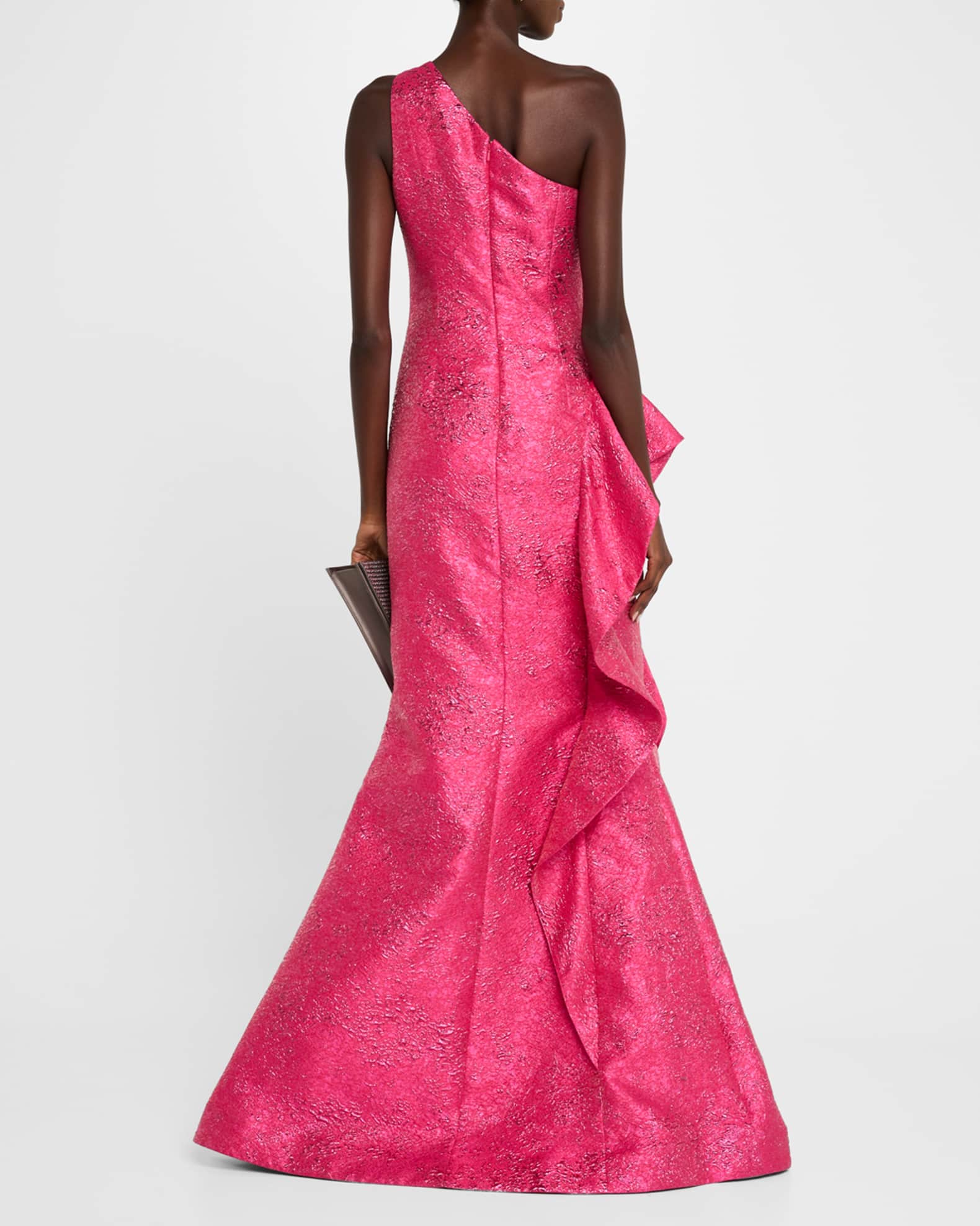 Rickie Freeman for Teri Jon One-Shoulder Metallic Jacquard Trumpet