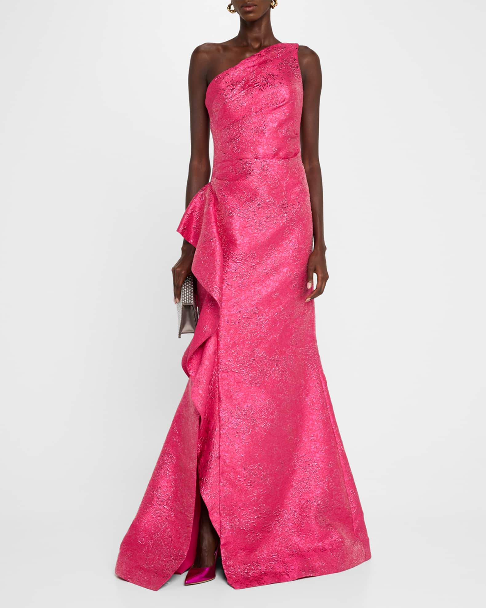 Rickie Freeman for Teri Jon One-Shoulder Metallic Jacquard Trumpet