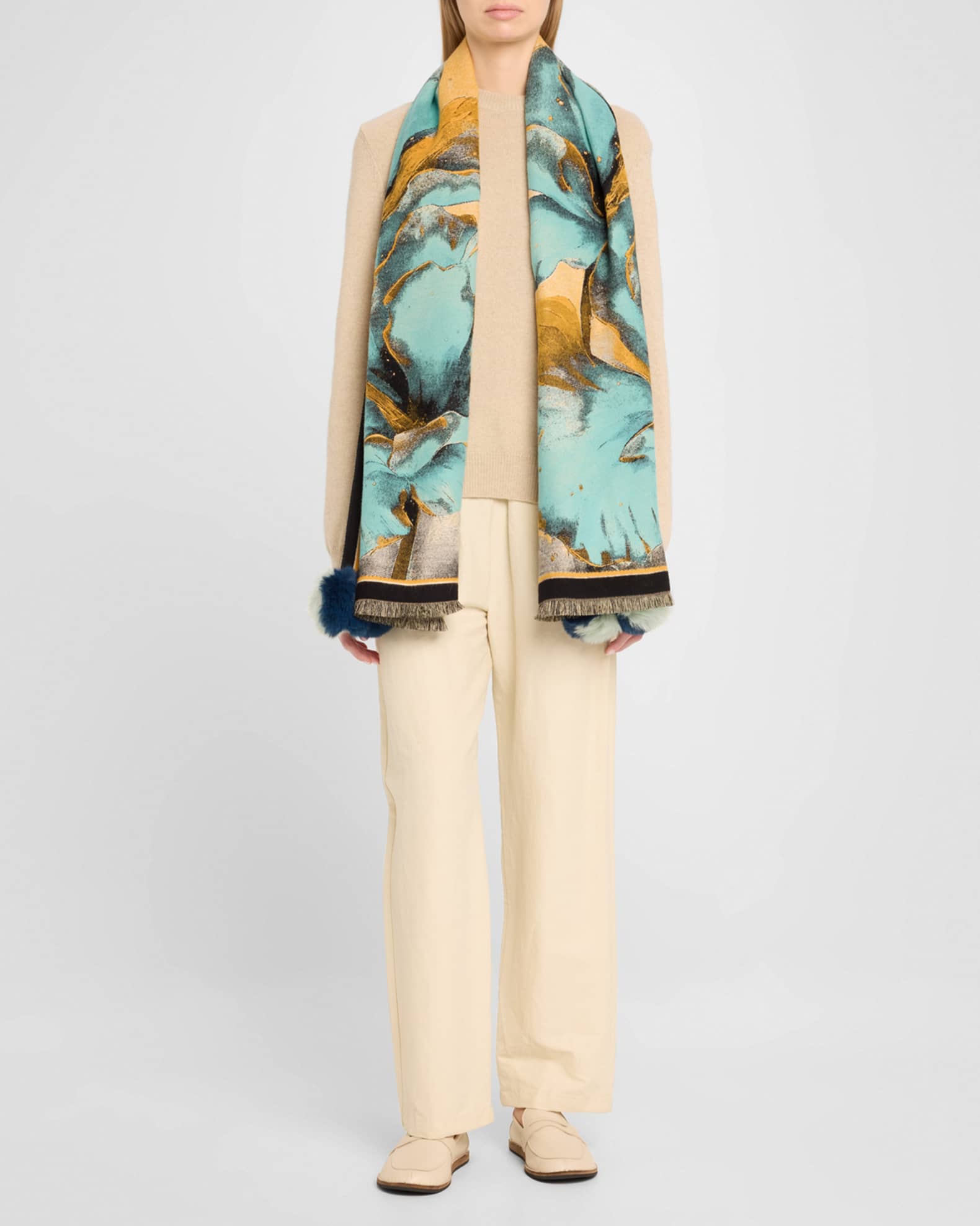 Floral-Print Scarf W/ Faux Fur Poms 1