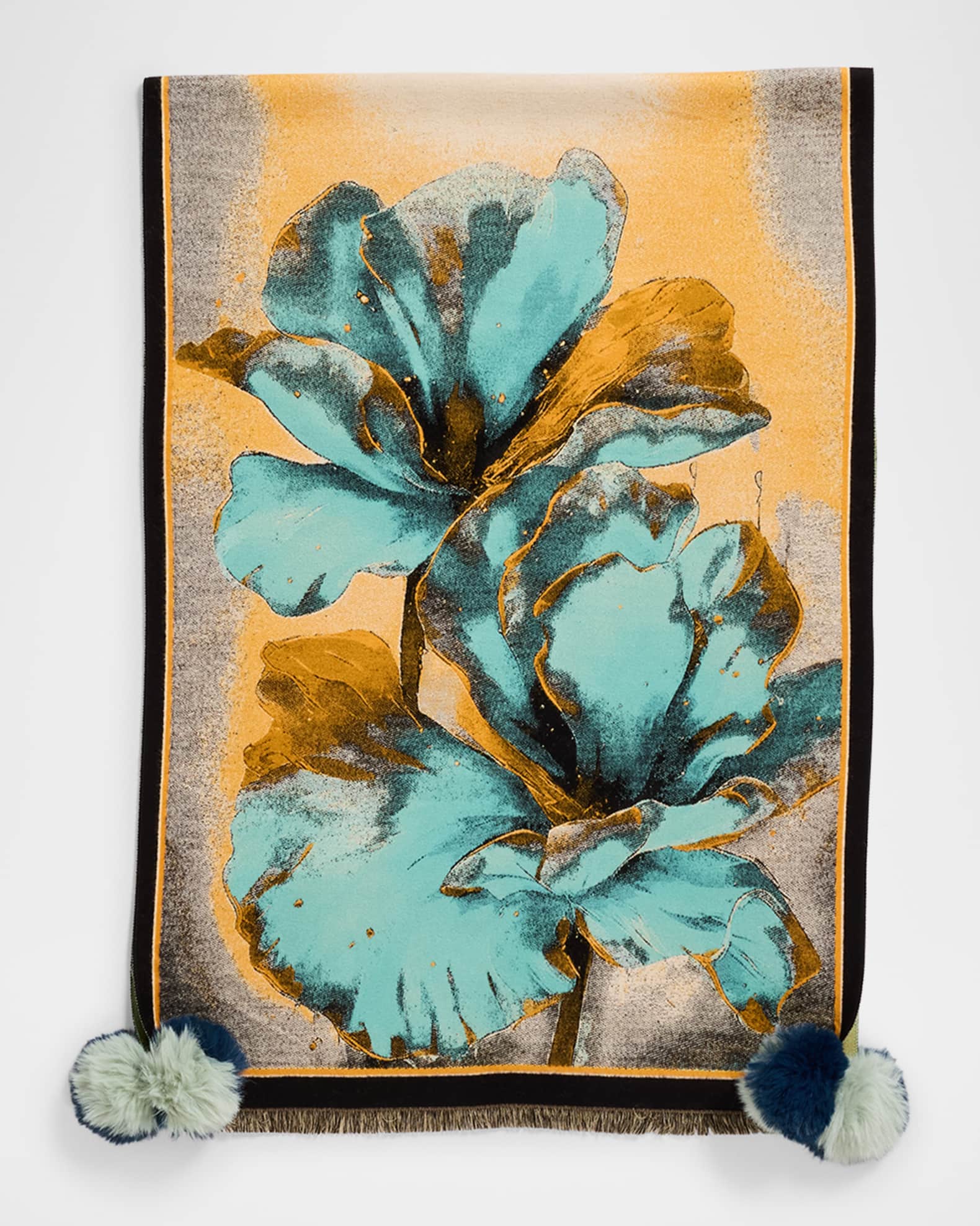 Floral-Print Scarf W/ Faux Fur Poms 0