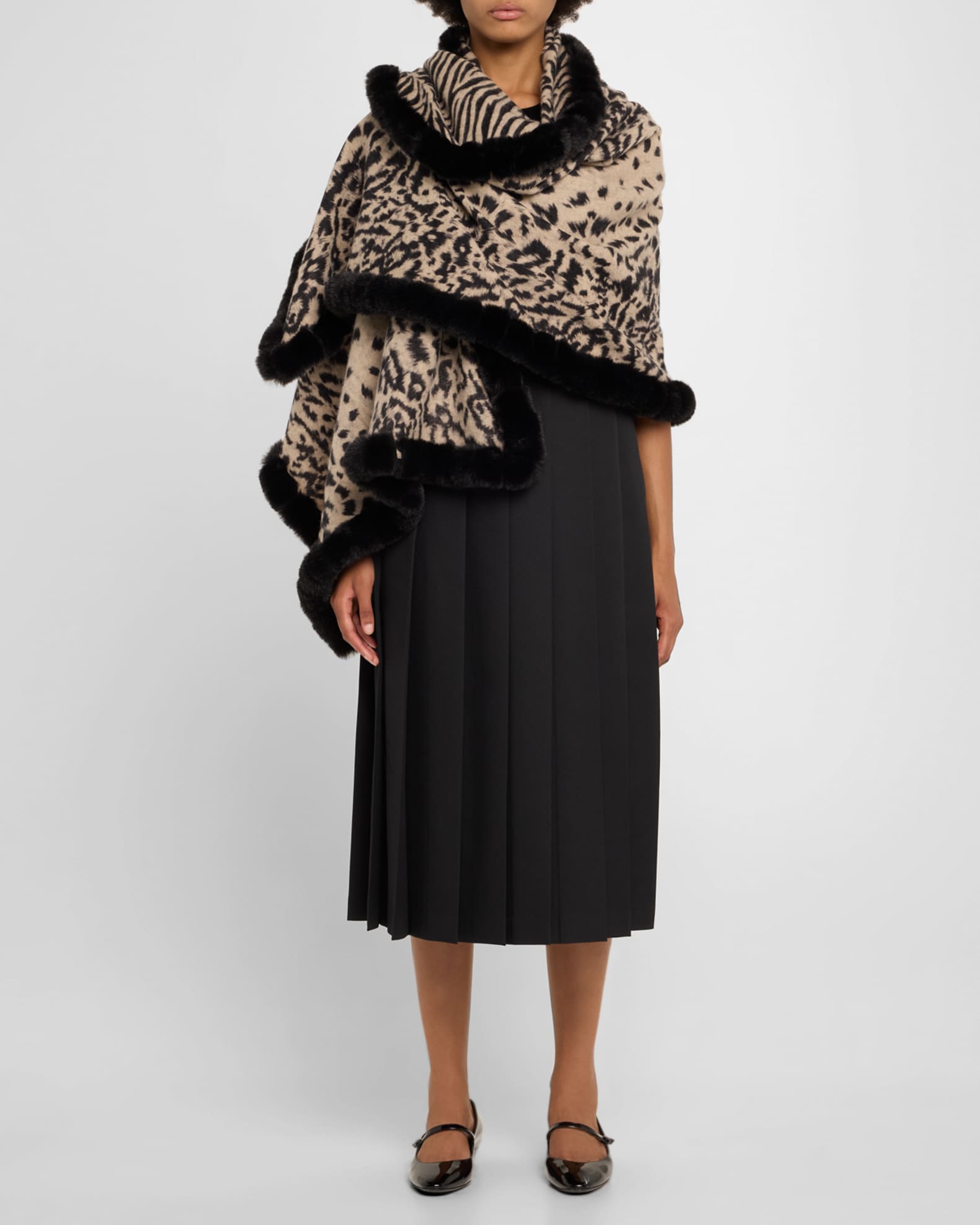 Reversible Animal-Print Wool-Blend Wrap with Faux Fur Trim - Thumbnail 2