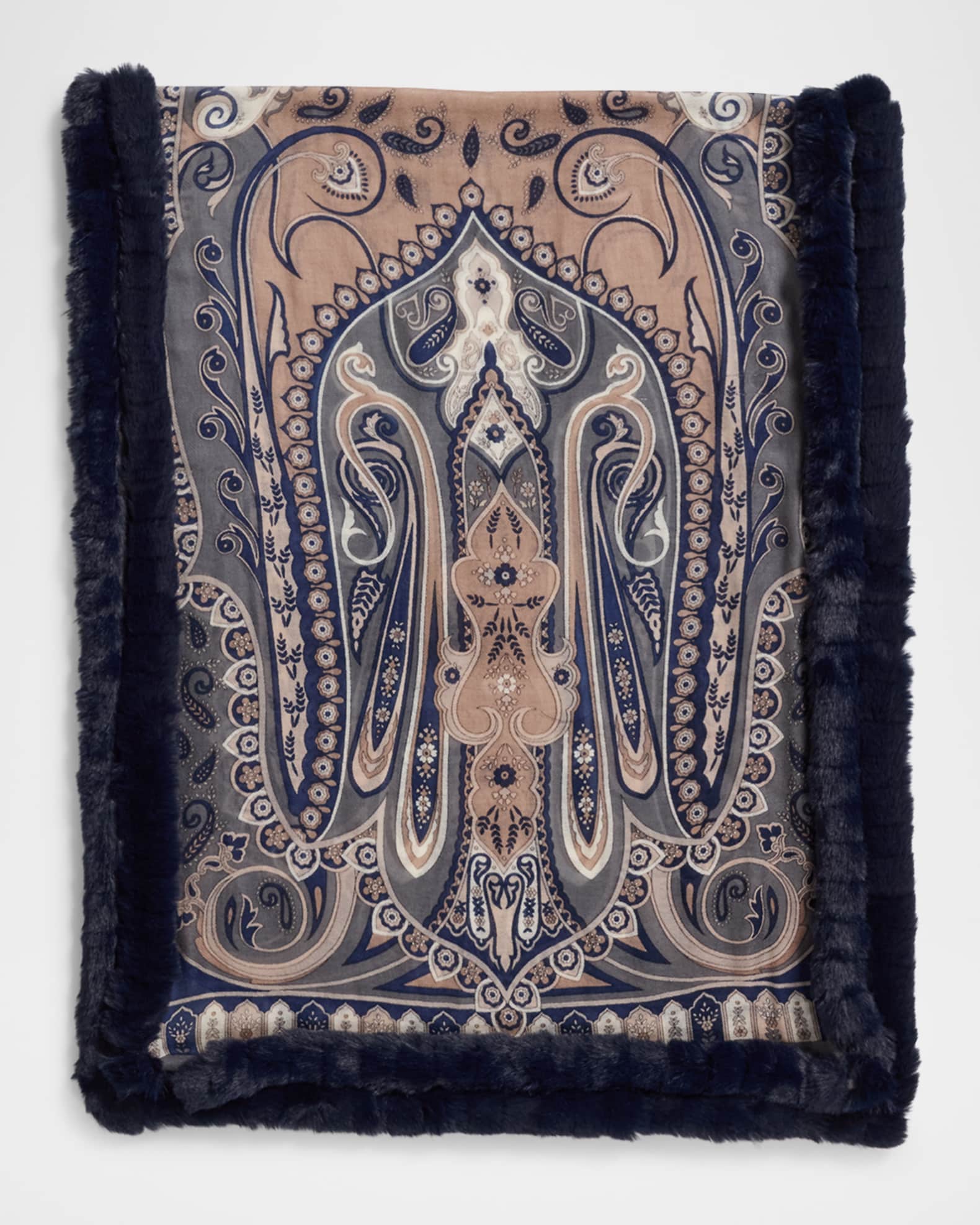 Paisley-Print Cashmere-Blend Wrap with Faux Fur Trim 0
