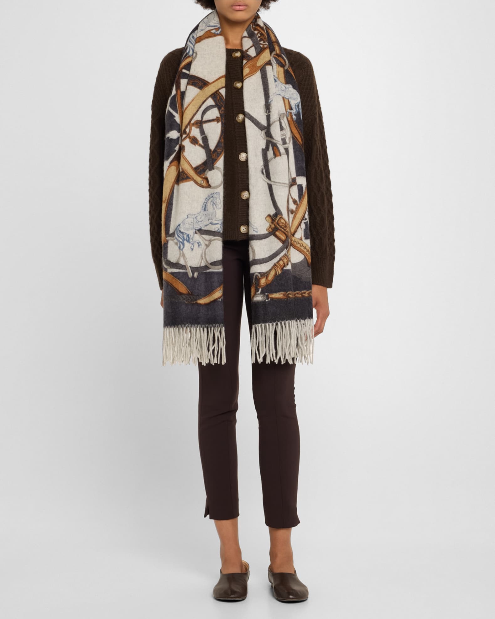 Equestrian-Print Cashmere Fringe Wrap 1