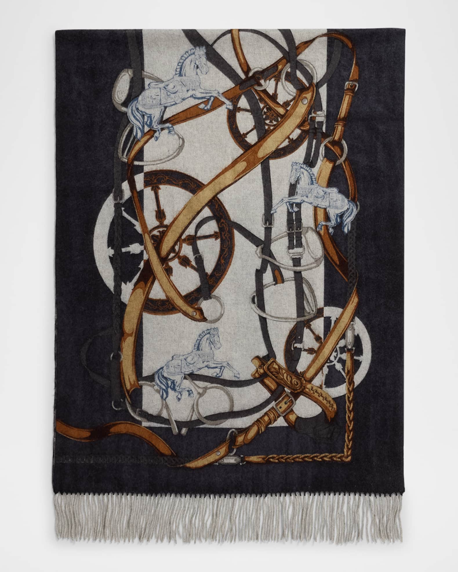 Equestrian-Print Cashmere Fringe Wrap 0