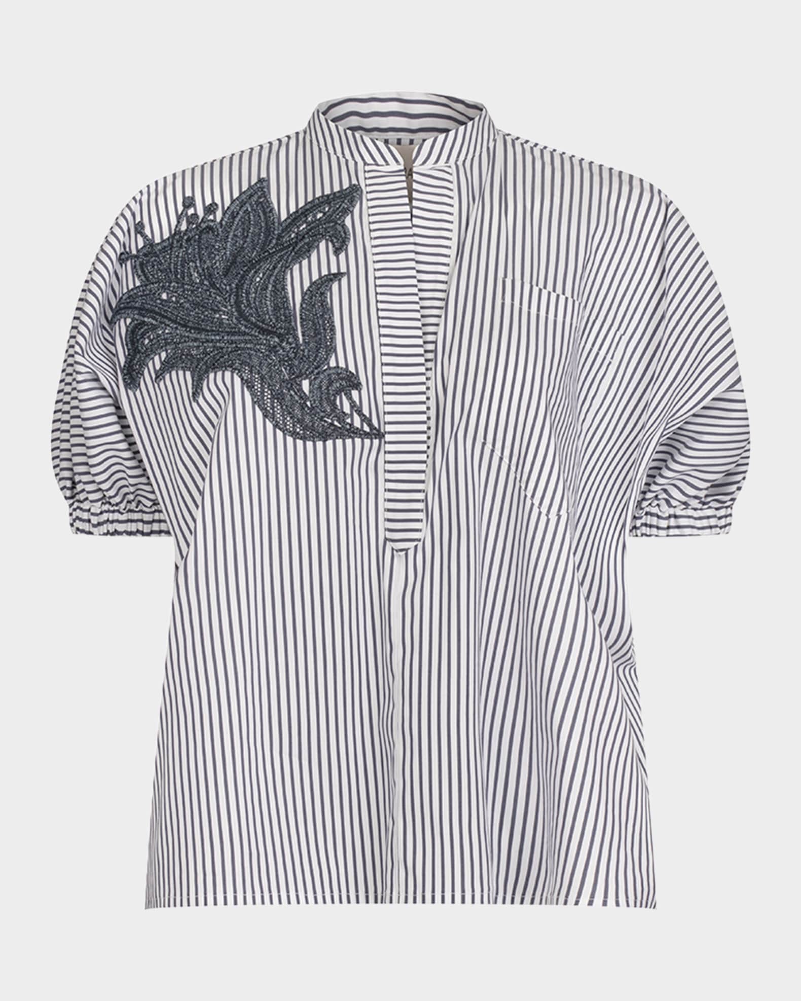 Susanne Flower-Embellished Puff-Sleeve Striped Blouse 0