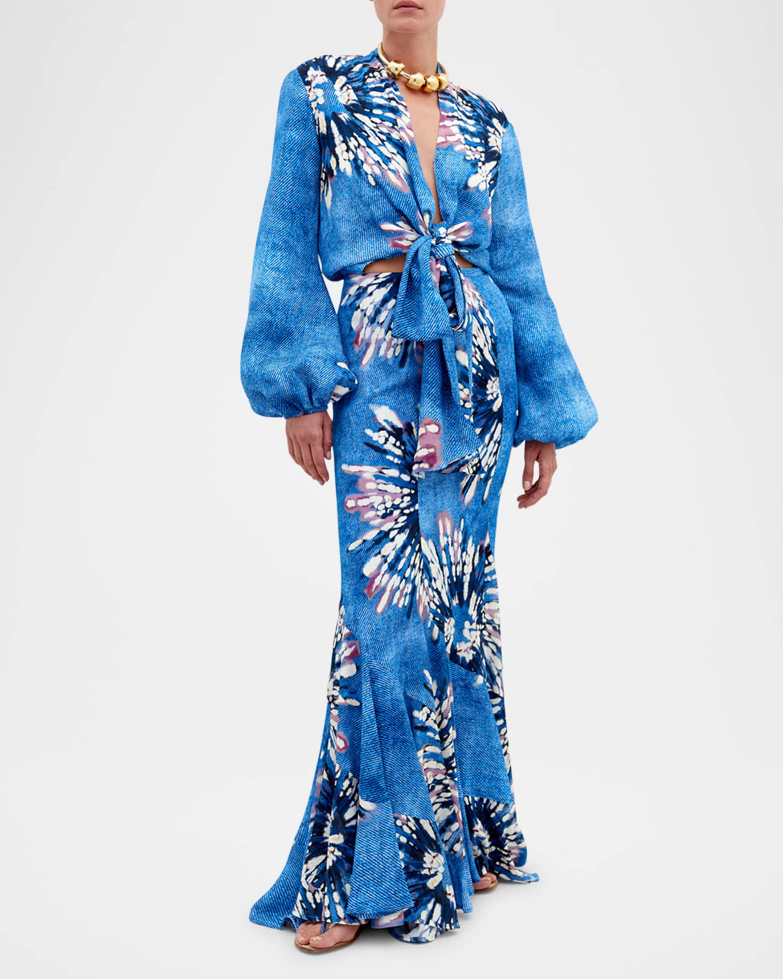 Honey Flower-Print Long-Sleeve Tie Blouse 1