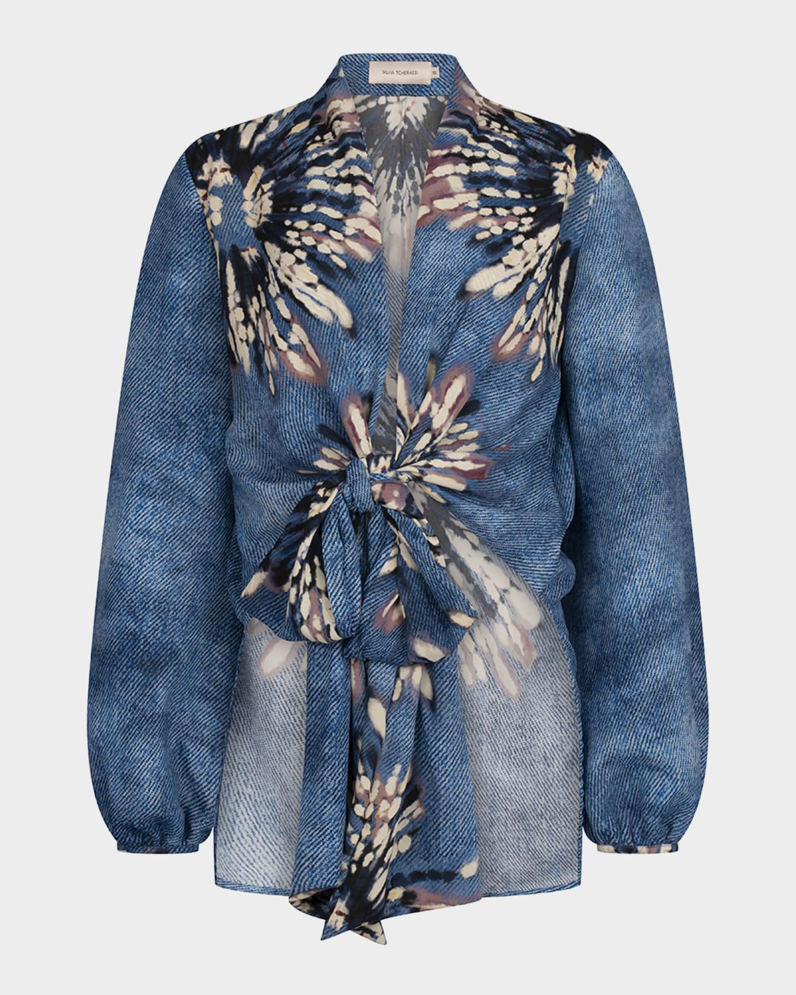 Honey Flower-Print Long-Sleeve Tie Blouse 0