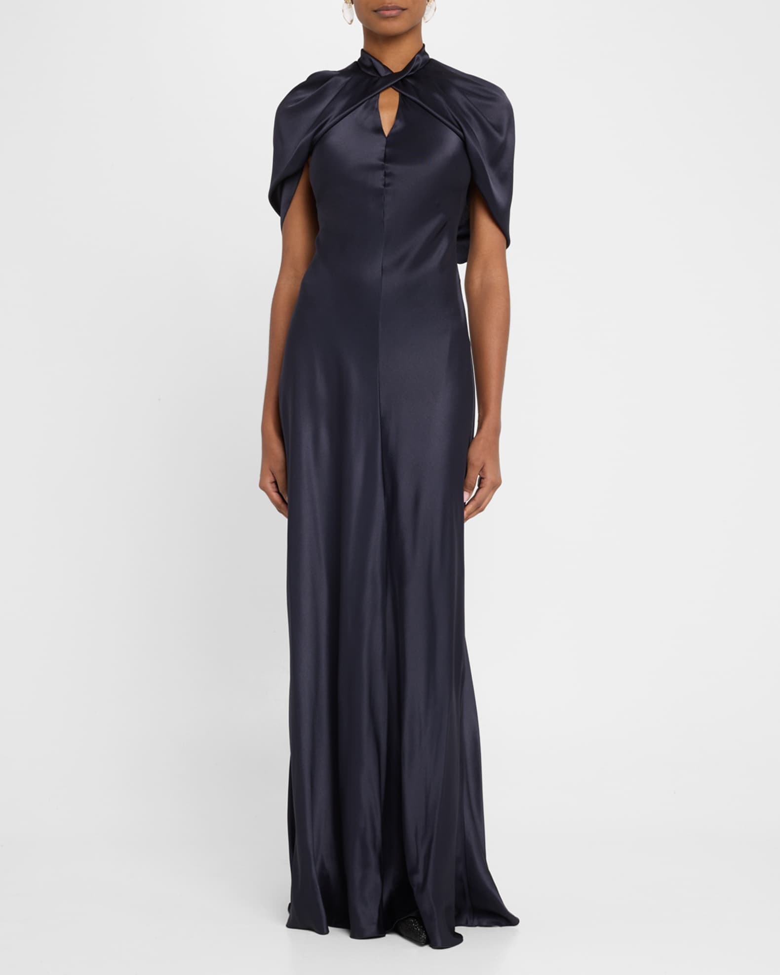 Twisted Cape-Sleeve Open-Back Satin Gown 1