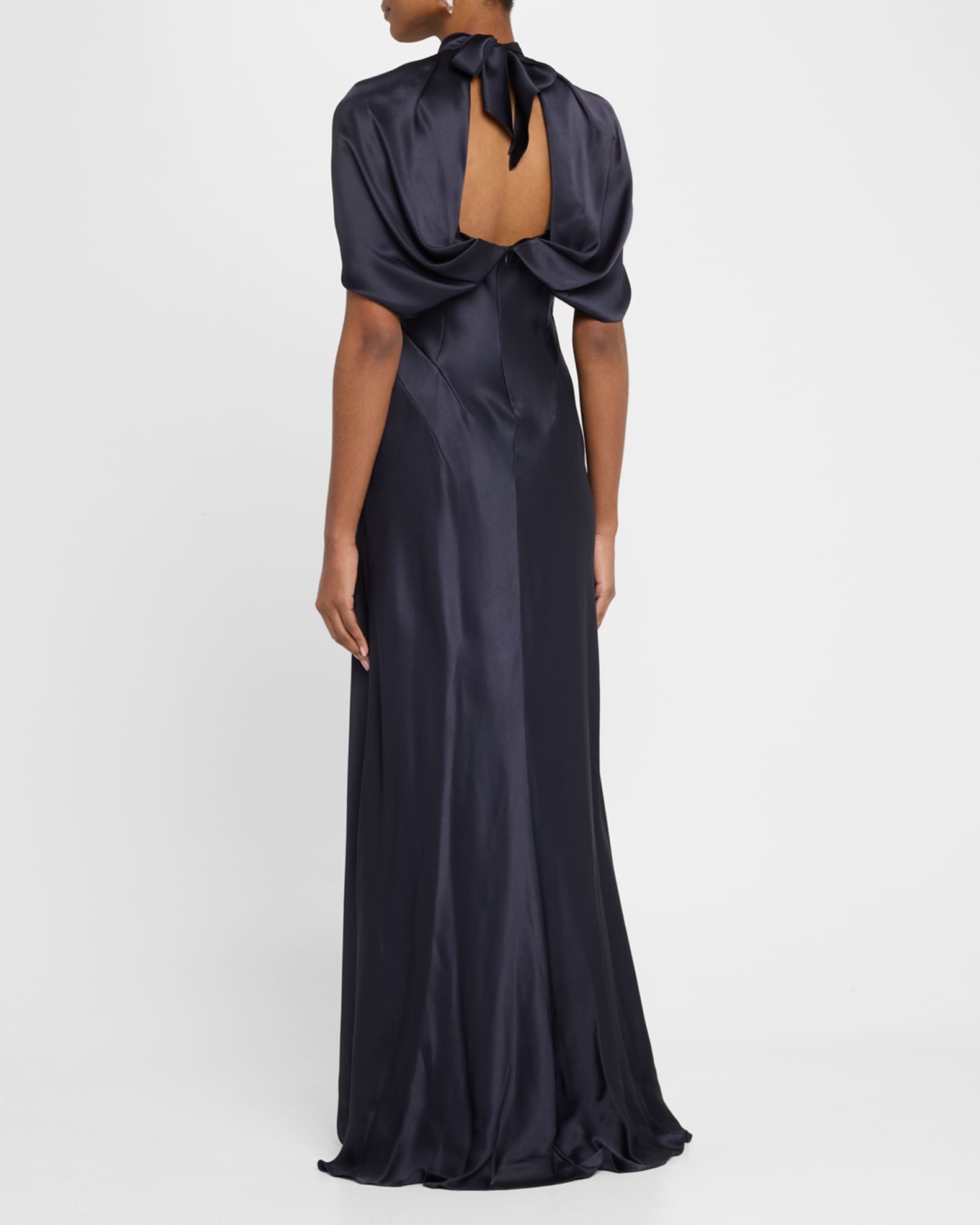 Alberta Ferretti Twisted Cape-Sleeve Open-Back Satin Gown