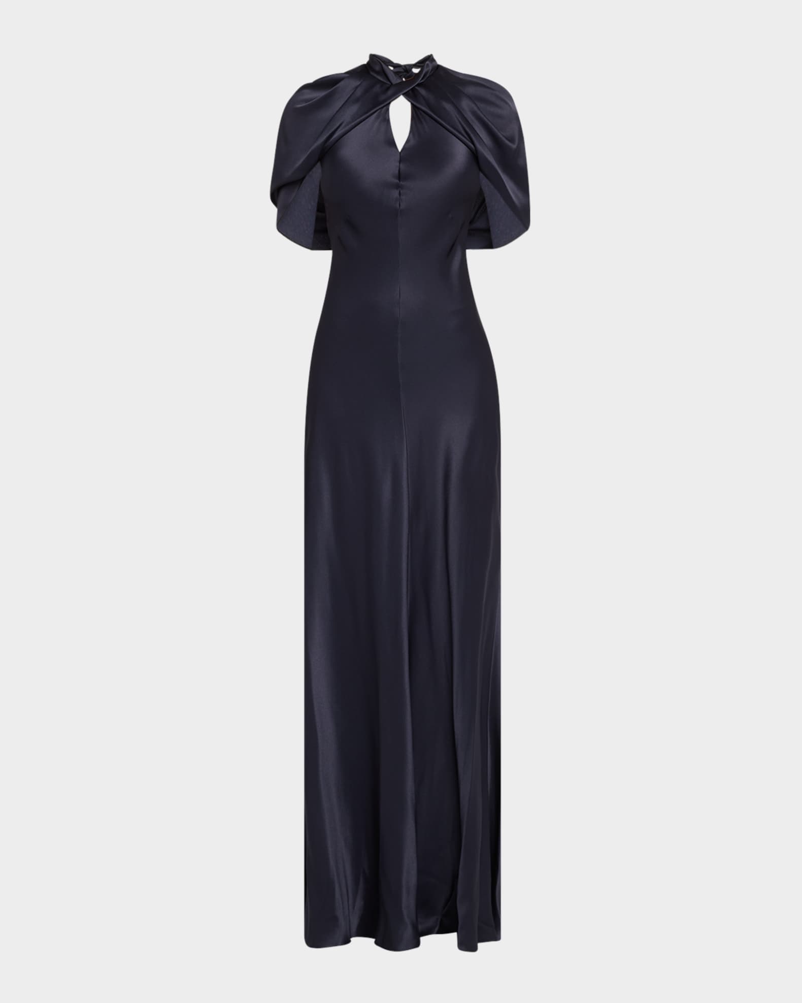 Twisted Cape-Sleeve Open-Back Satin Gown 0