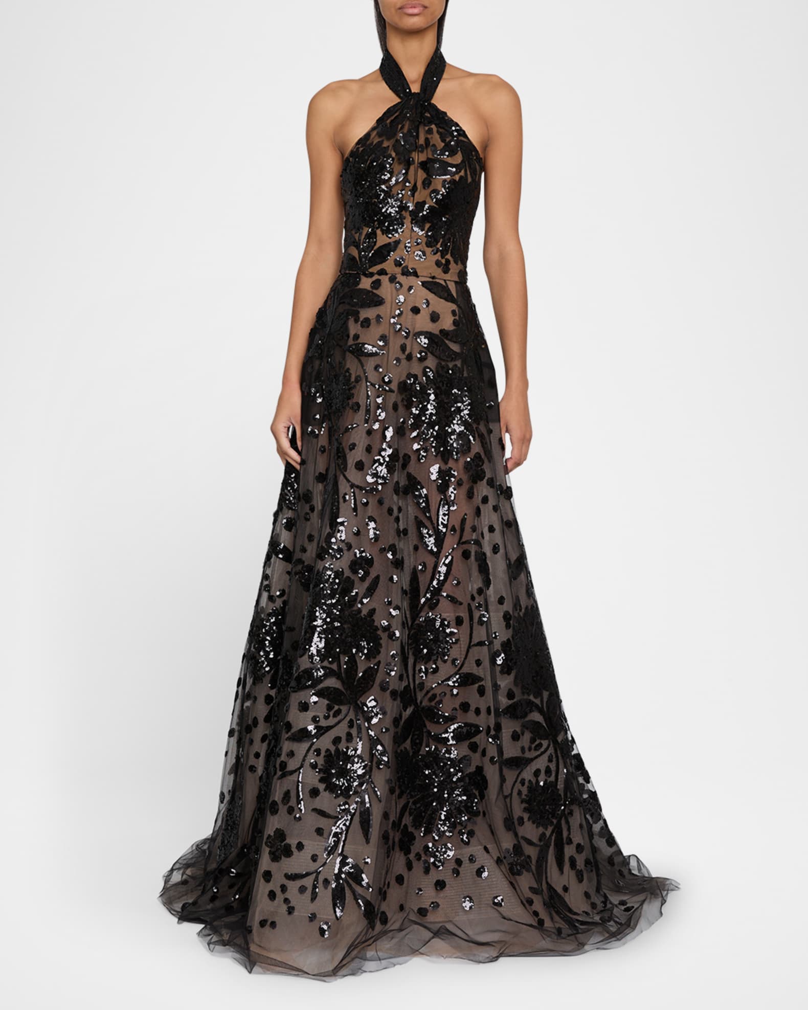 Floral Sequin Tulle Halter Gown 1