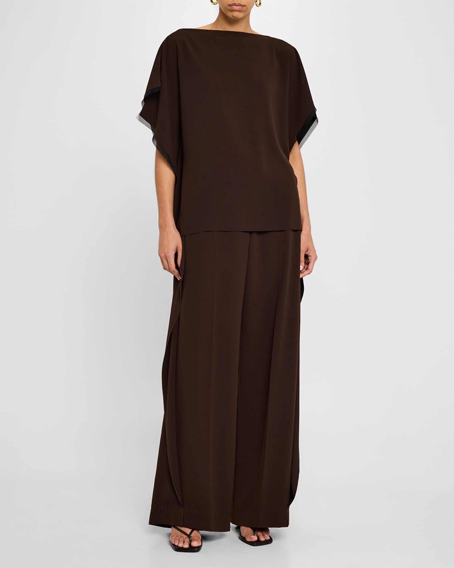 Asymmetrical Crepe Boatneck Top With Organza Trim 1