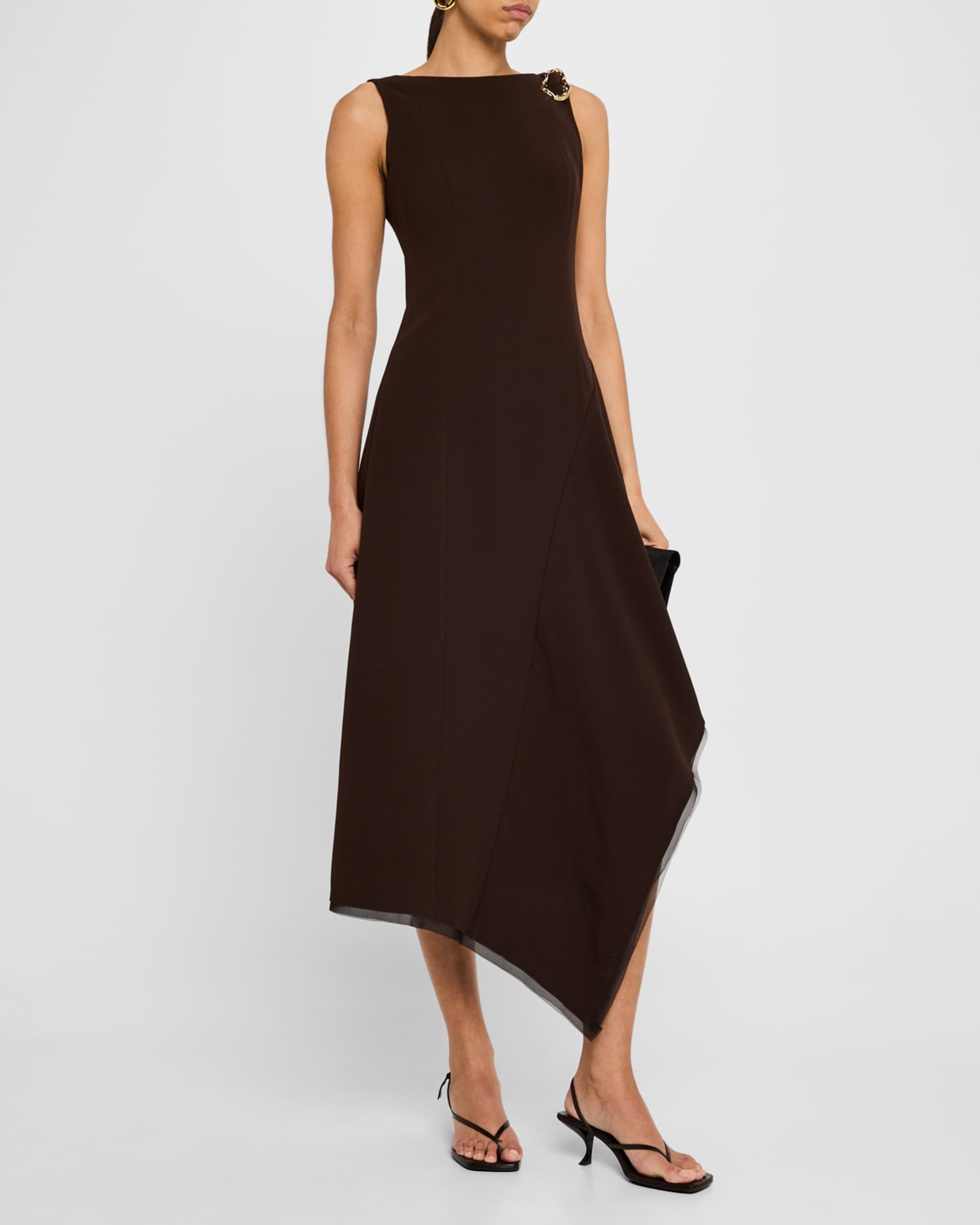 Boatneck Fit-Flare Crepe Dress With Organza Trim 1