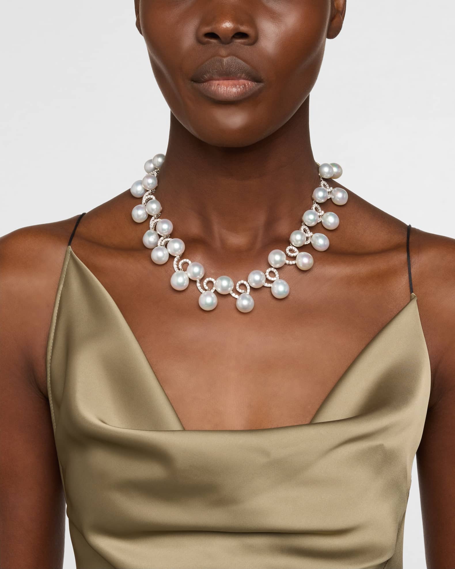 18K White Gold South Sea Pearl Necklace with Diamonds, 18"L 1