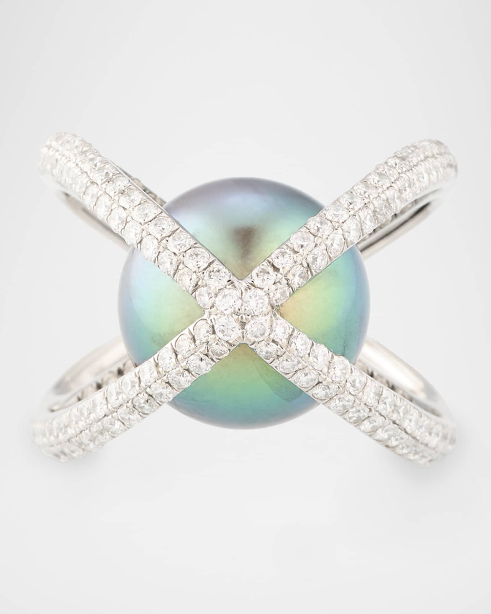 18K White Gold Tahitian Pearl and Diamond Ring, Size 7 0
