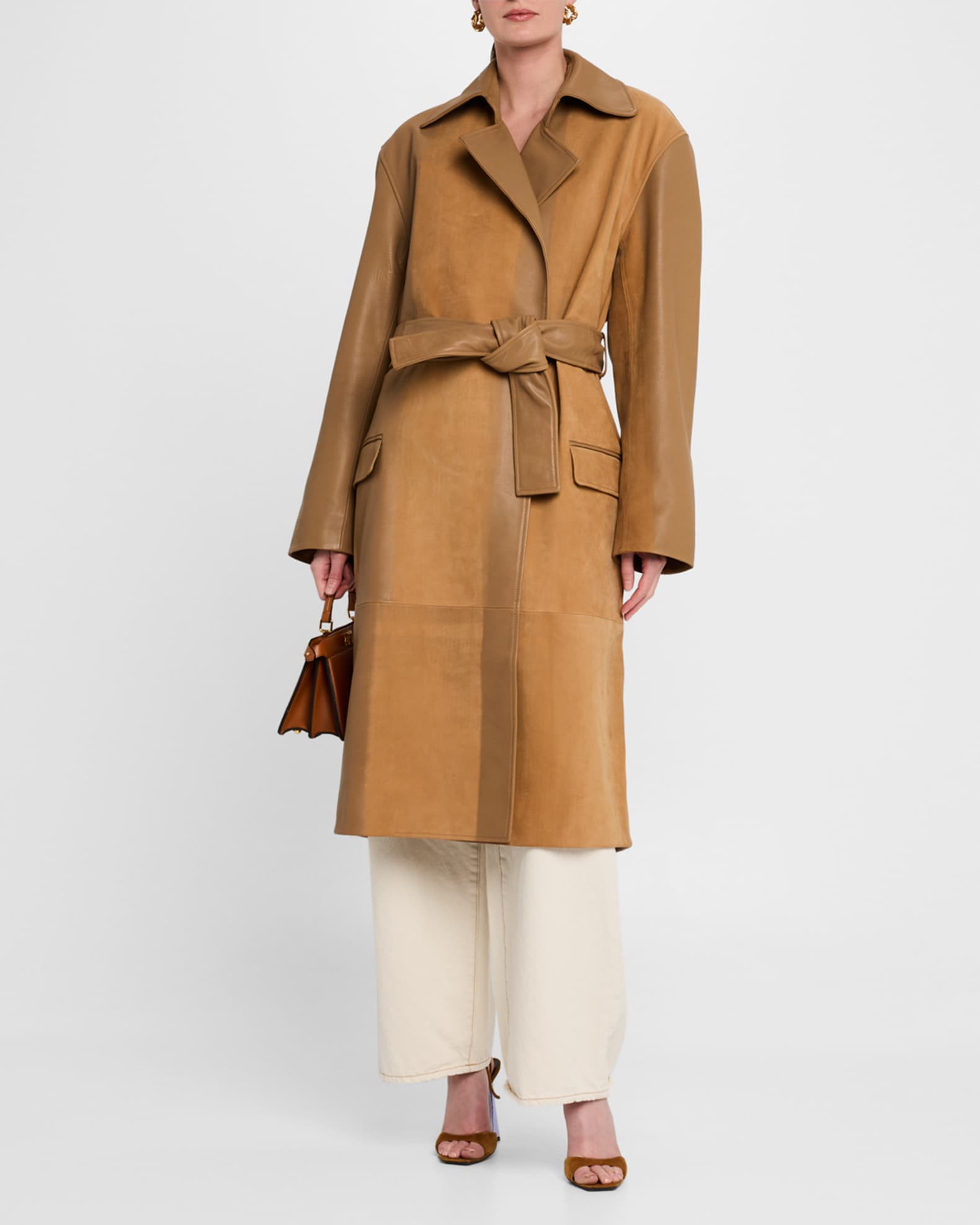 Scuffed Leather Long Wrap Coat 1