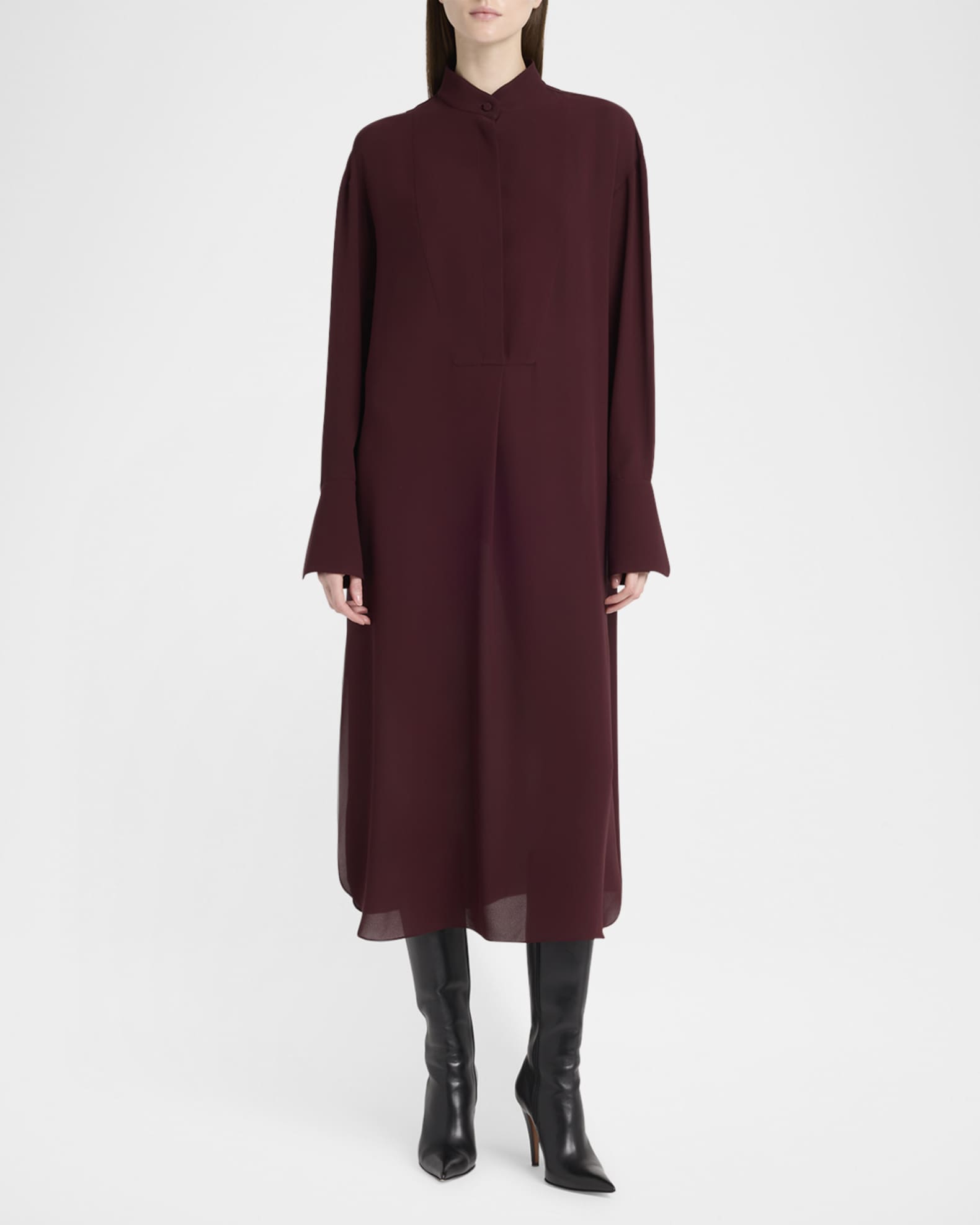 Long-Sleeve Silk Midi Day Shirtdress 1