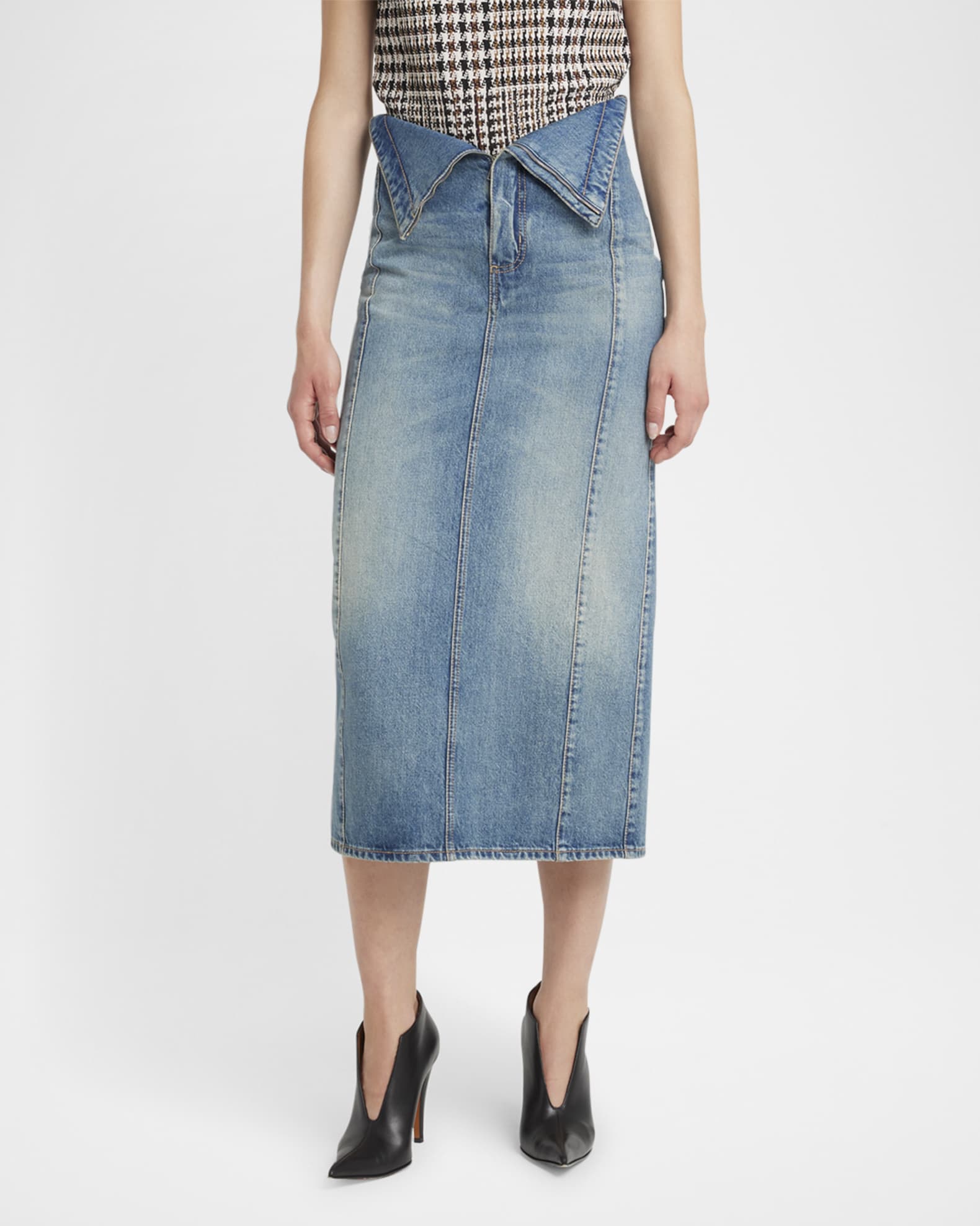 Foldover-Waist Midi Denim Skirt 1