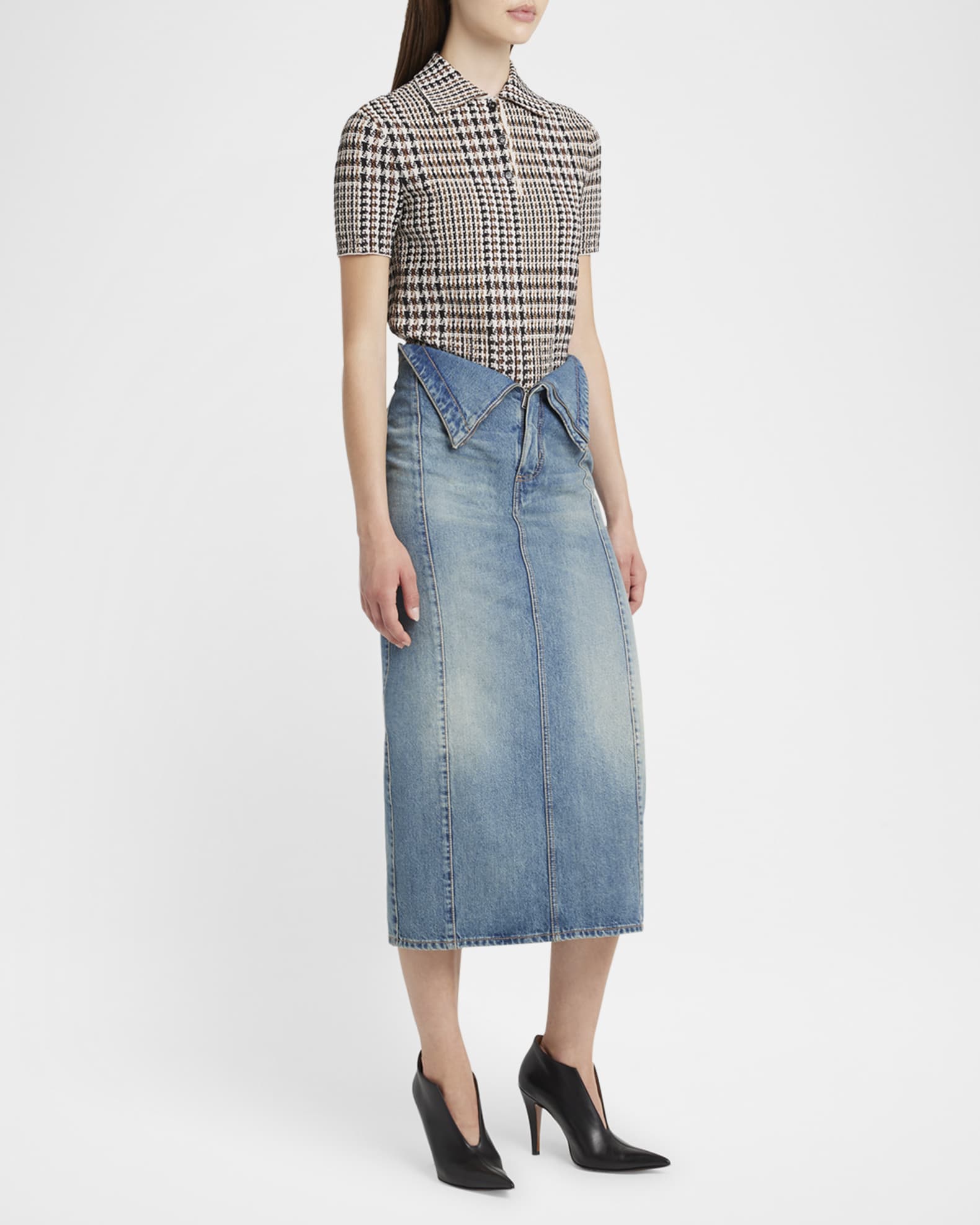 McQueen Foldover-Waist Midi Denim Skirt | Neiman Marcus