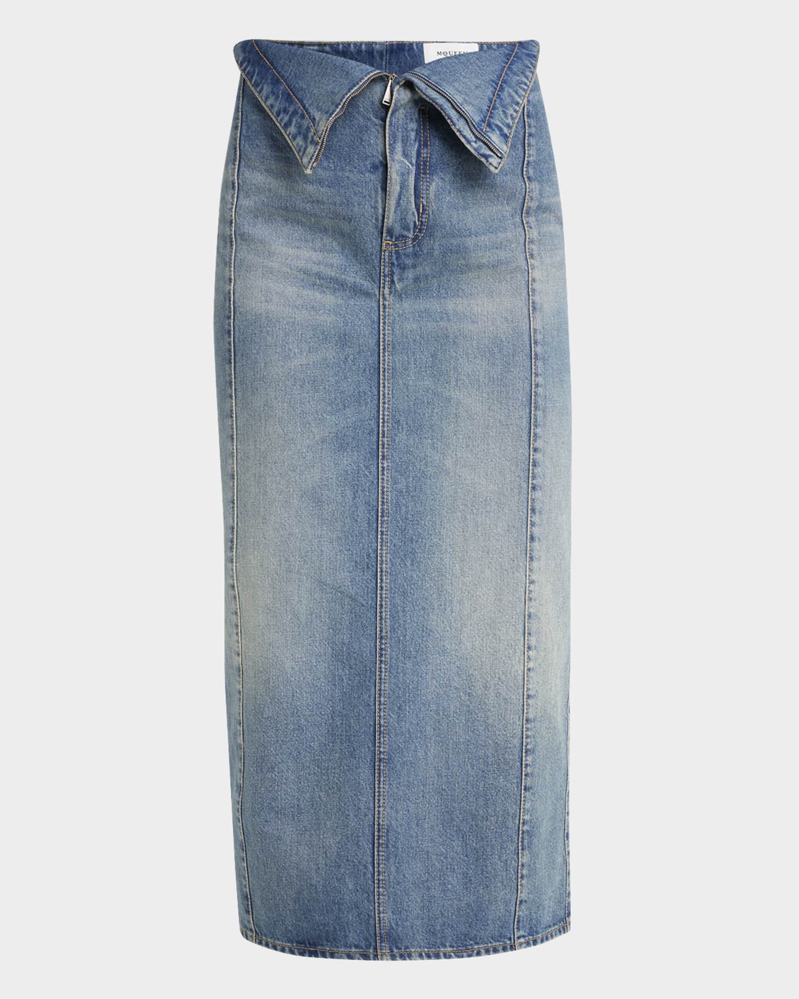 Foldover-Waist Midi Denim Skirt 0